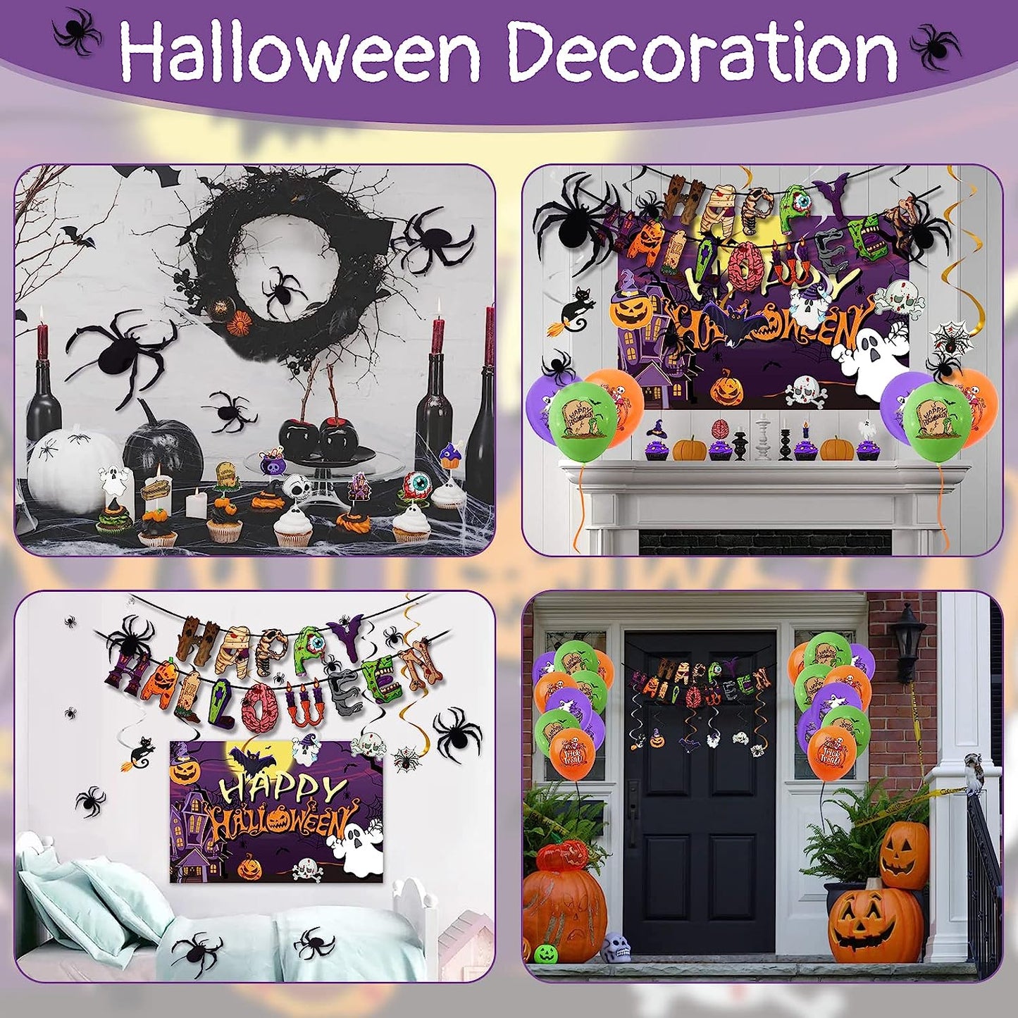 Halloween Party Decorations, Halloween Themed Party Supplies with Happy Halloween Banner Balloons Spider Cake Toppers Swirl Streamers Party Backdrop for Halloween Birthday Indoor Set Halloween Decor