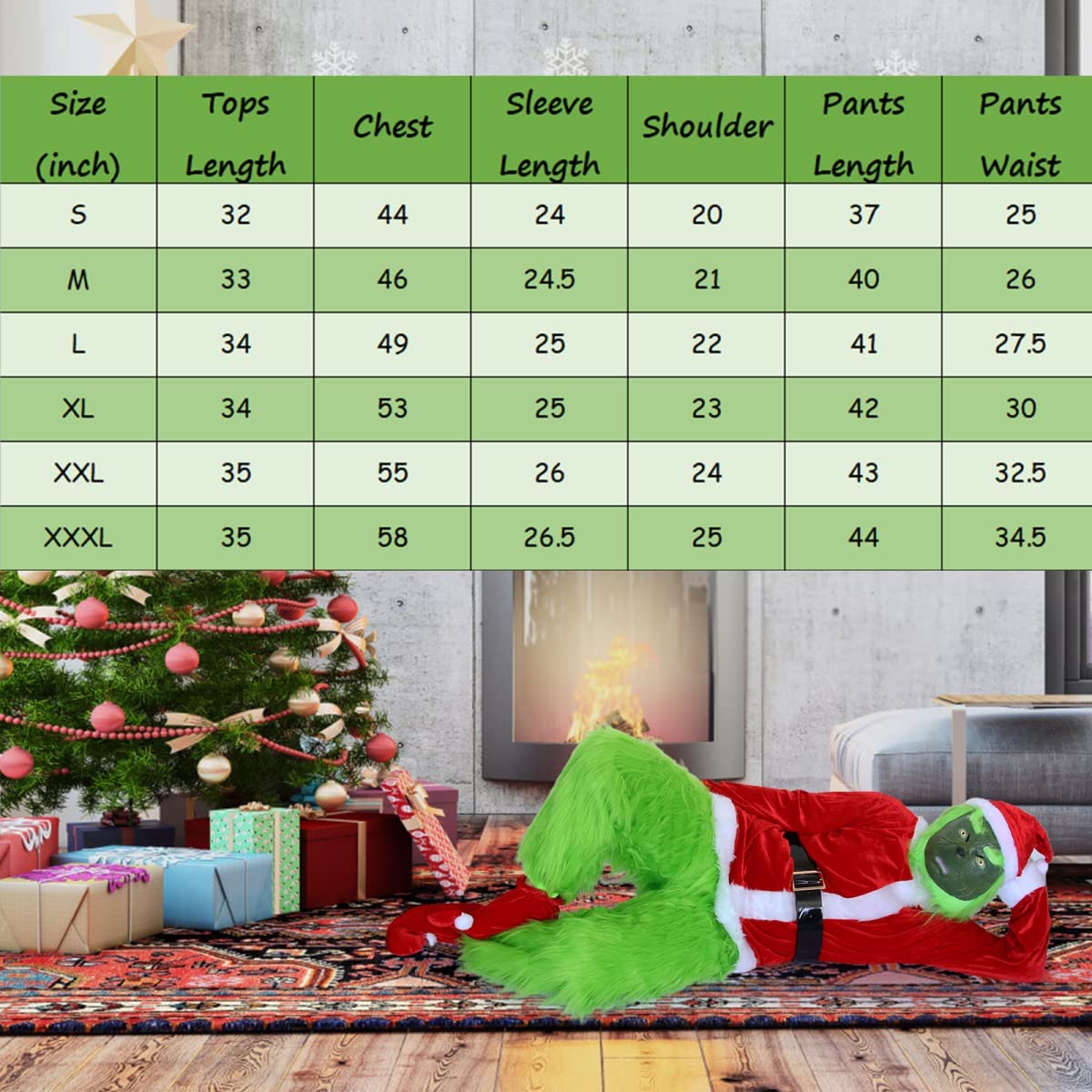 Green Monster Costume 7pcs Grin Mask and Christmas Hat Furry Pants, Santa Suit Green Adult Outfit