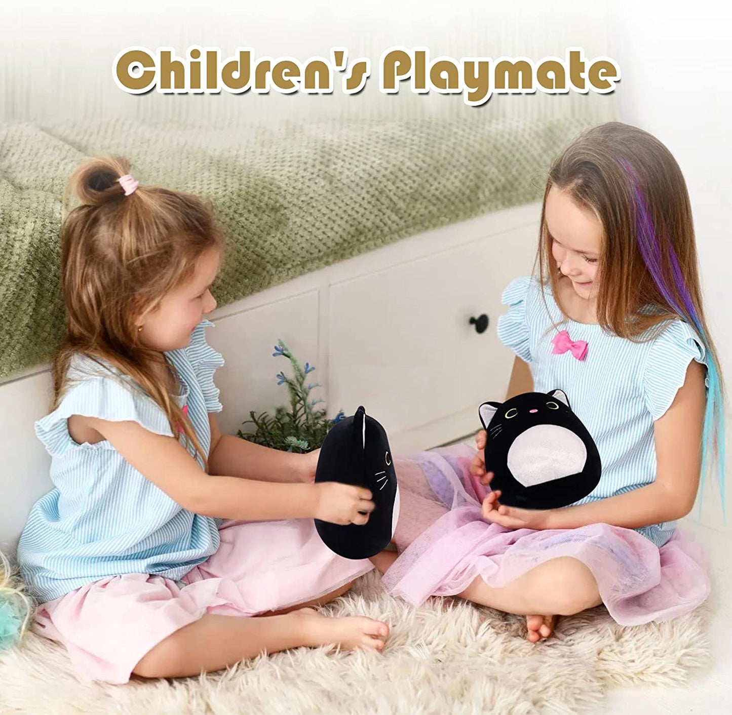 Black Cat Plush Kawaii Plushie, 8'' Cat Stuffed Animals Pillow Cute Silver Ears Black Cat Pillow Plush Toy, Soft Plush Stuffed Cat Doll for Kids Girlfriend Birthday Christmas