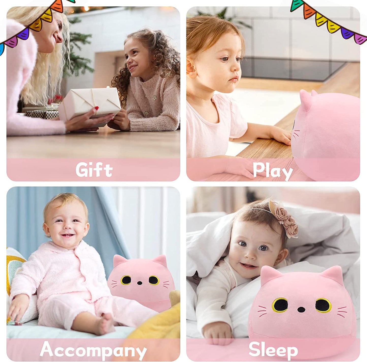 Pink Cat Plush Pillows Toys, 12" Kawaii Cat Stuffed Animals Plush Toys, Cute Cat Plushie Pink Cat Pillow Stuffed Cat Toys for Kids Birthday Girlfriend Valentines Day Gift Decorations