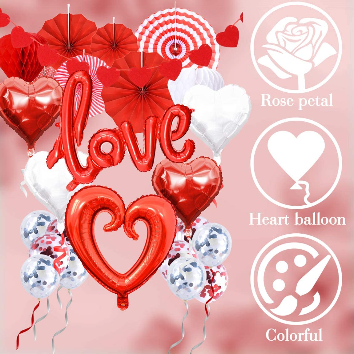 valentines day decor Balloons Kit Red Love Foil Balloons Latex Balloons Red Honeycomb Ballsballoons w/ 1000pcs Artificial Rose petals,1 Pieces LED String Lights Valentines-Day Party Supplies