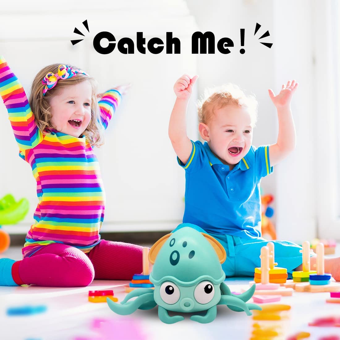 Baby Crawling Toy Musical Octopus - Electronic Movable Pet for Kids Toddler Interactive with Music, LED Light Up Automatically Avoid Obstacle Walking Toys, Blue