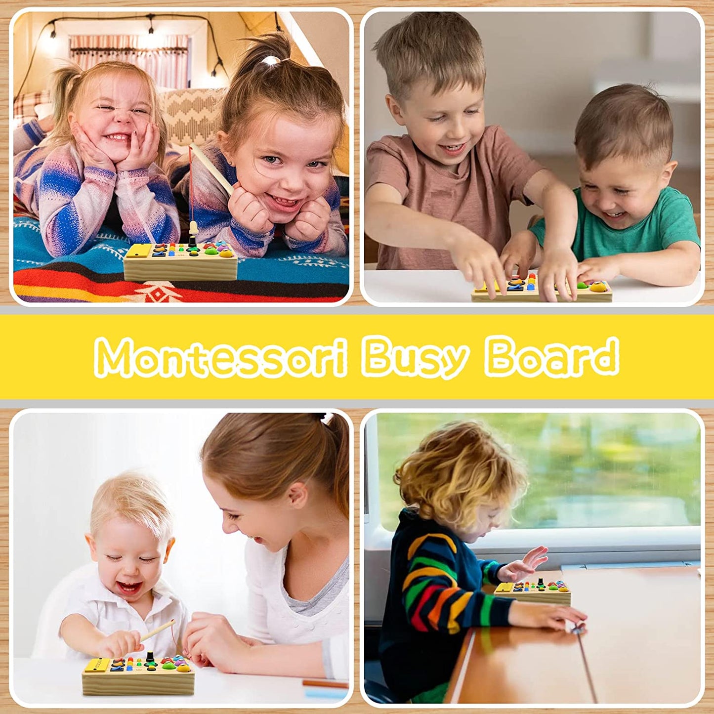 Busy Board with LED Light,Montessori Busy Board Toddler Toys,Wooden Busy Board with Light Up LED Buttons Fishing Game,Sensory Toys for Toddlers 3 Year Old,Travel Busy Board Baby Gifts