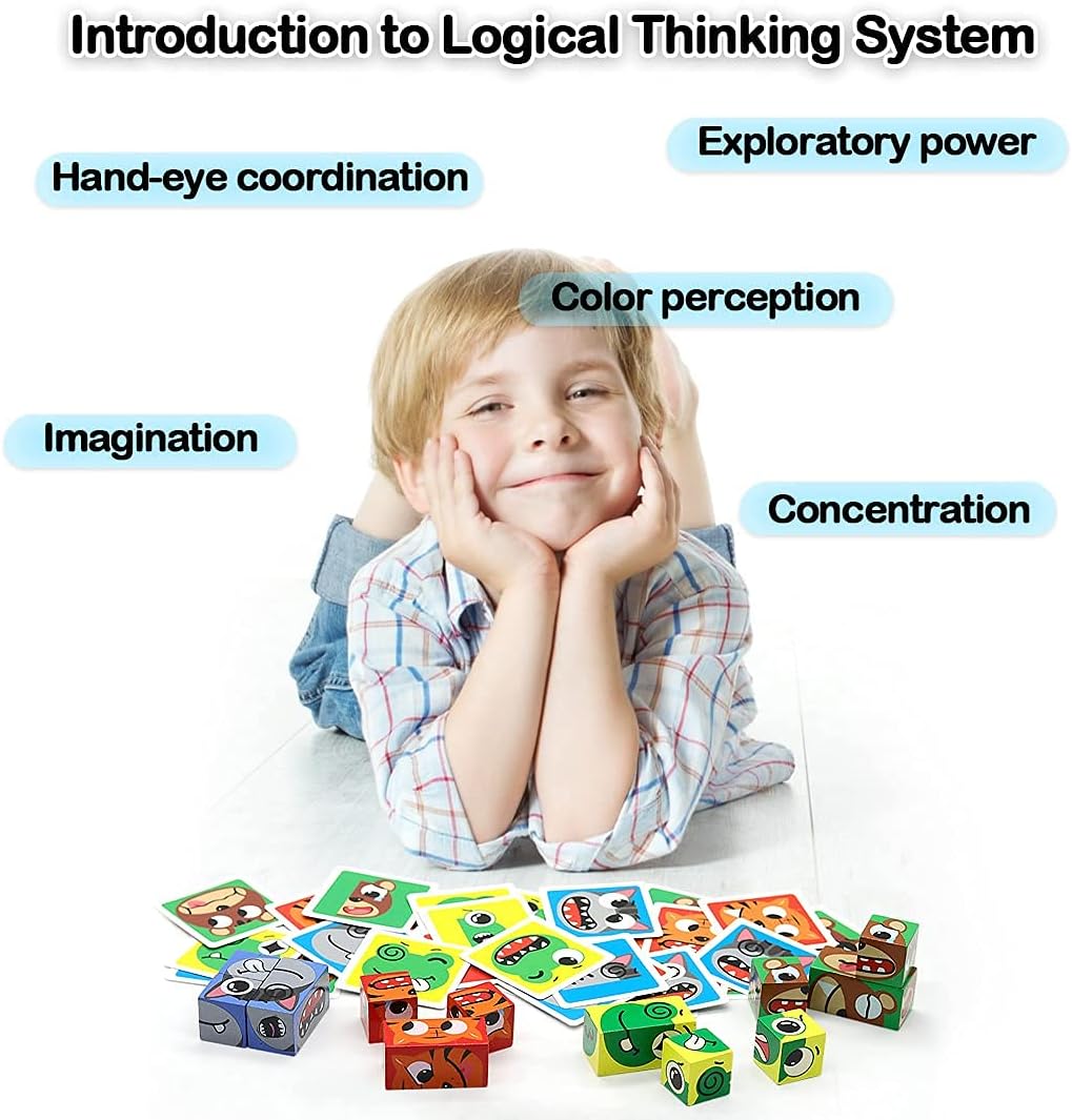 Wooden Cubes Expression Puzzle Expressions Matching Game Cube Match Game Puzzles Games for Kids Ages 3 4 5, Match Puzzle Games The Cuzzle Game from New Wave (Animal)