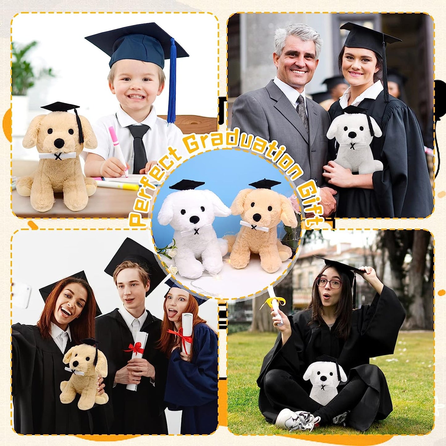 White Dog Stuffed Animals for Kids Girls Boys, Soft Cute Stuffed Dog Plush Dog with Graduation Hat, Kawaii Stuffed Animal Dog Plush Doll for 2023 Graduation Day Gift