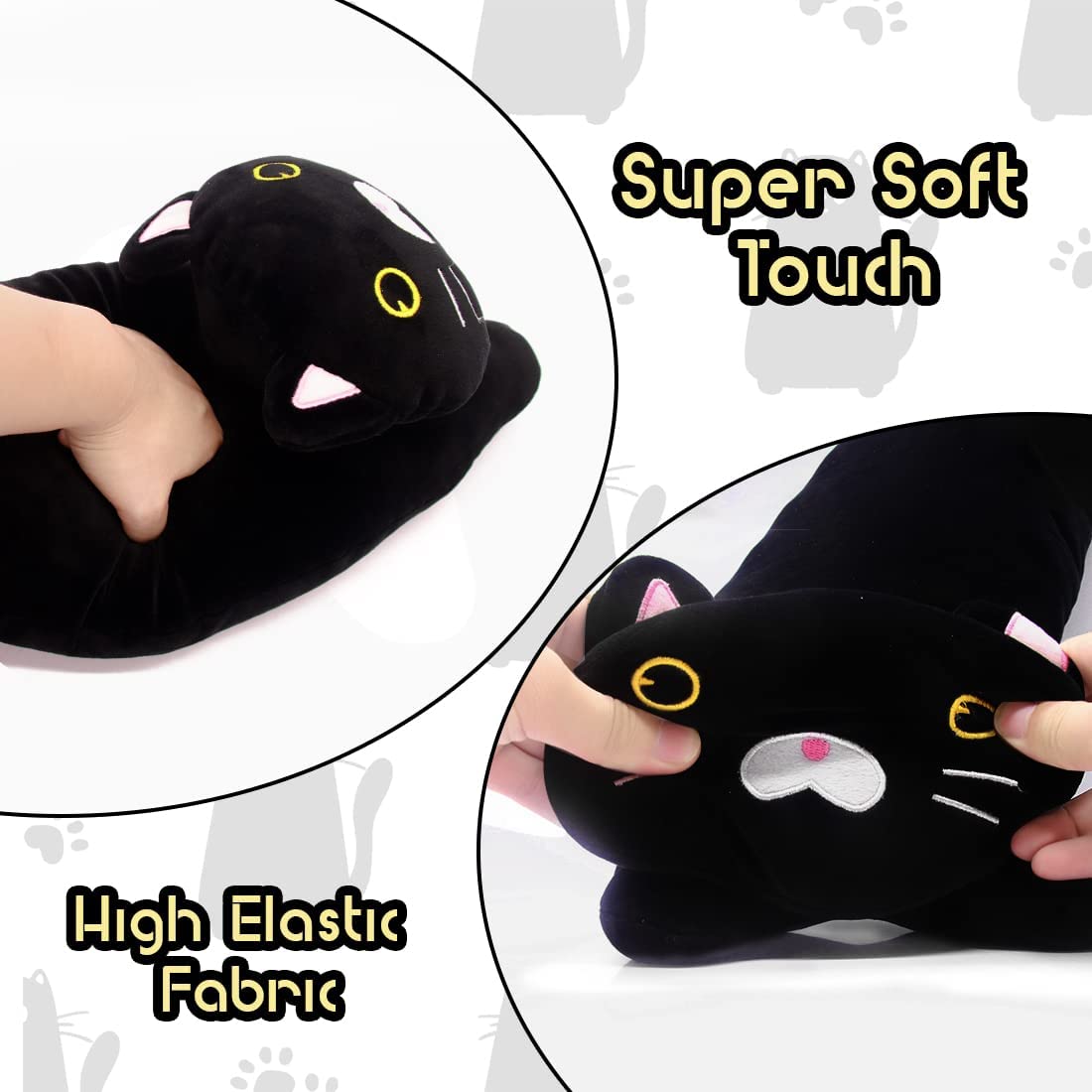 14Inch Black Cat Plush, Cat Plushie Stuffed Animals Pillow, Cute Cat Stuffed Animal Long Cat Pillow, Soft Cat Plushie Sleeping Pillow Doll Toy Gift for Kids Girl Boy