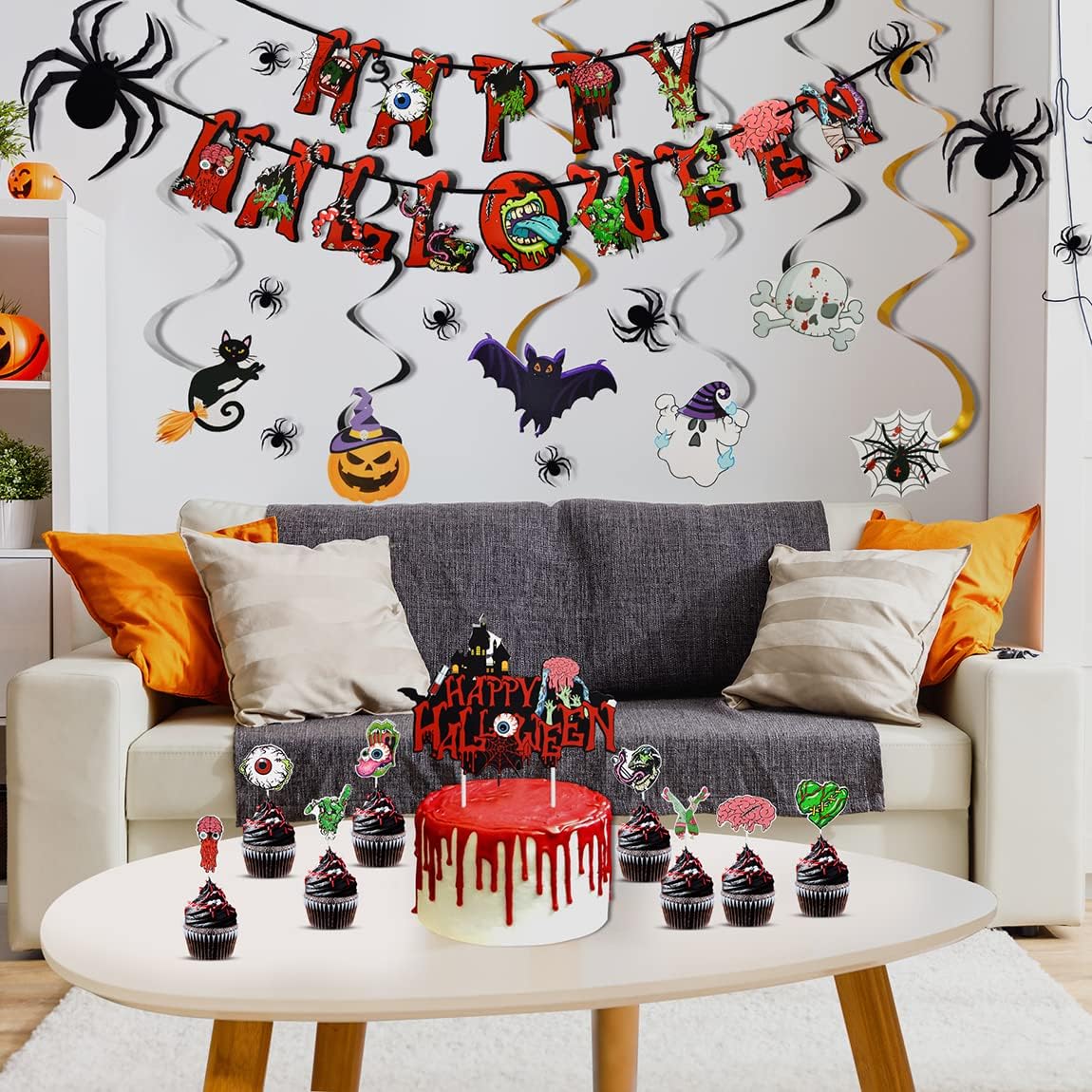 Halloween Party Decorations, Halloween Themed Party Supplies with Happy Halloween Banner Halloween Balloons Spider Cake Topper Swirl Streamers for Halloween Birthday Decorations Indoor outdoor Set