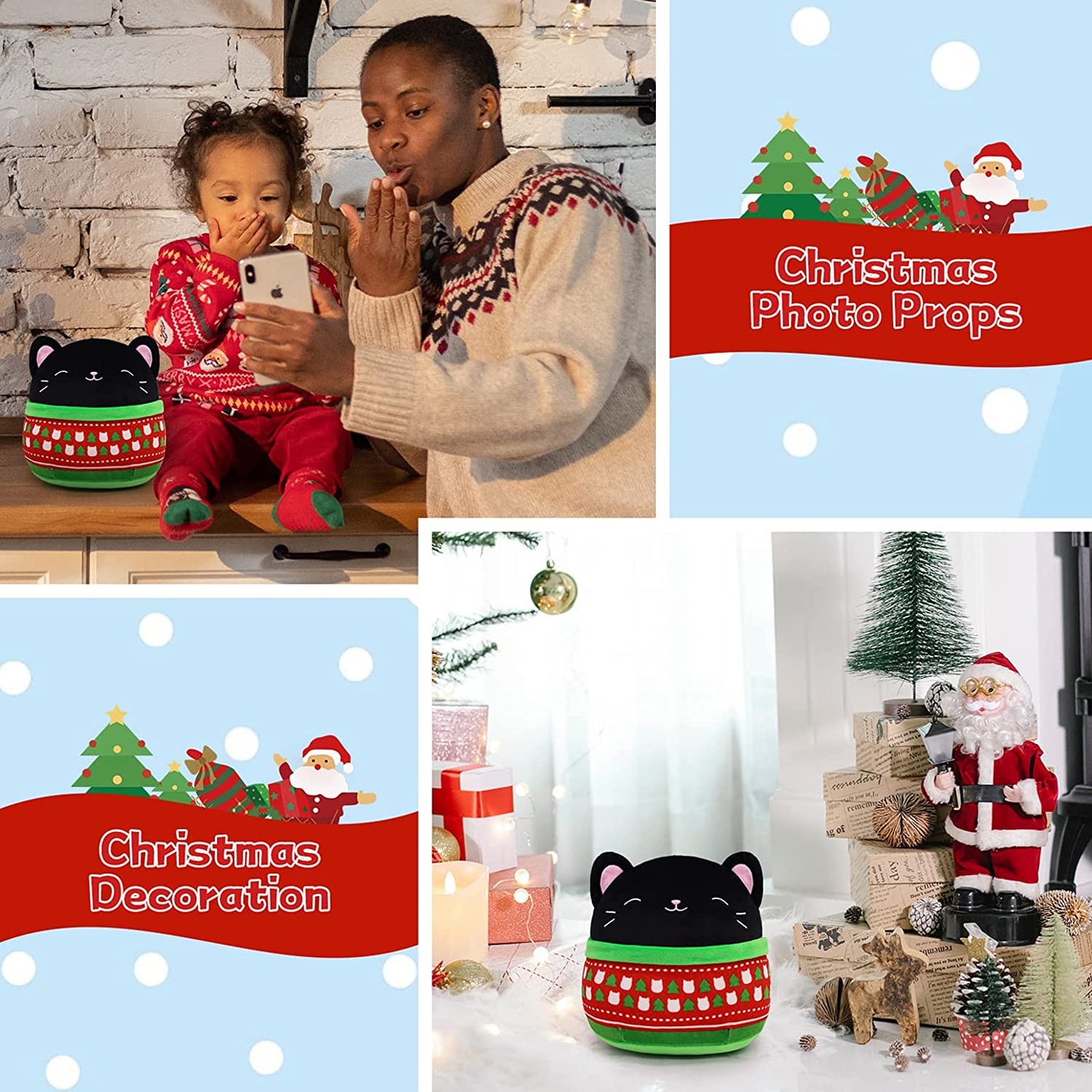 Black Cat Plush Pillow Cat Stuffed Animals, Soft Cute Christmas Plush Cat Pillow Cat Plushie Cat Doll, Kawaii Stuffed Animal Cat Plush Stuffed Cat Toys for Kids Birthday Christmas Decorations Gifts