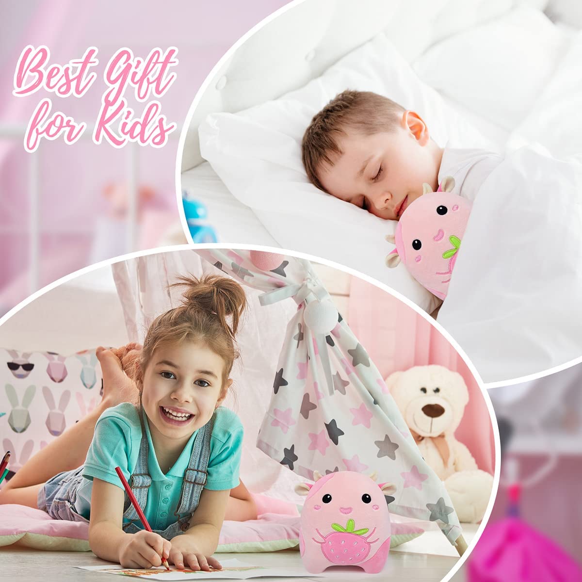 Strawberry Cow Plush Pillow Toy, 8” Kawaii Strawberry Cow Stuffed Animals Plush Pillow Toys, Cute Pink Cow Plushie Soft Stuffed Cow Toys for Christmas Halloween Birthday Kids Gifts Home Car Decoration