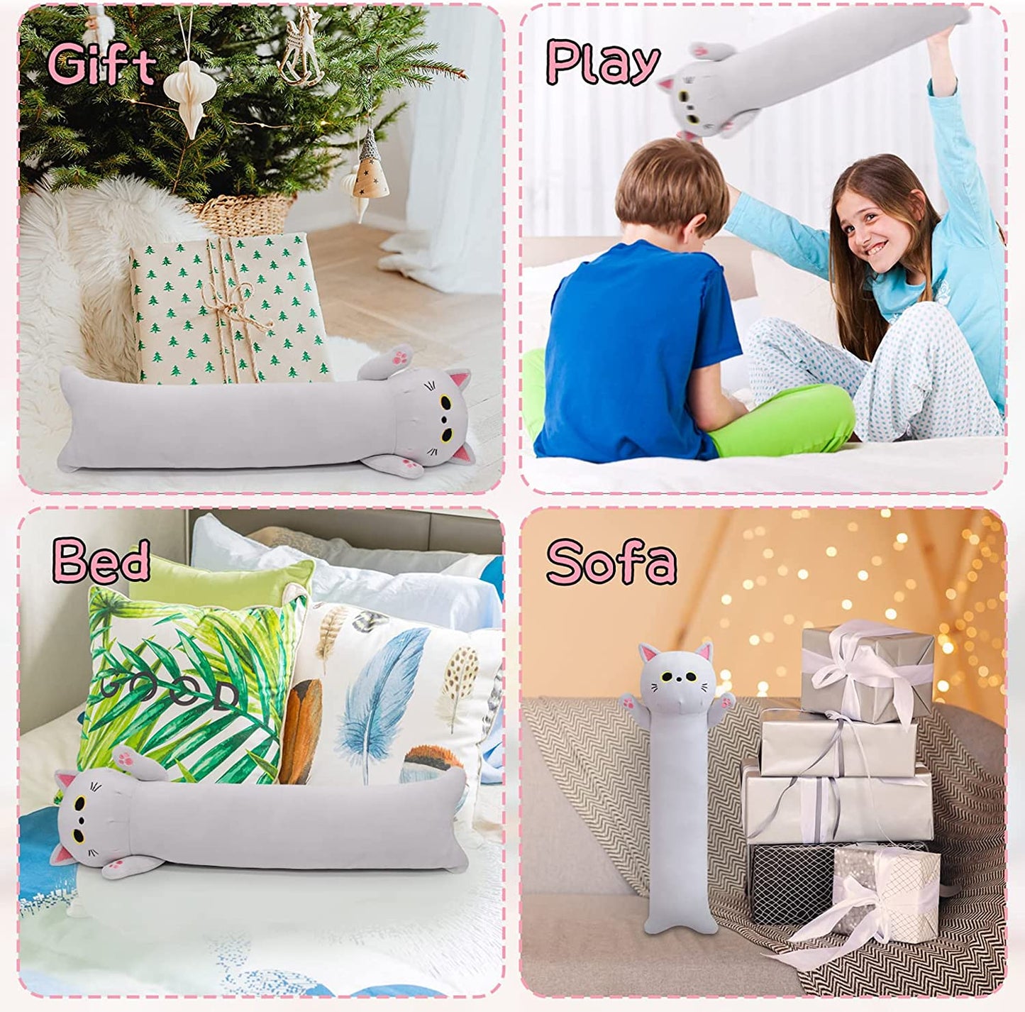 Long Cat Plush Body Pillow, 21" Long Cat Stuffed Animals Soft Long Cat Plushie Pillow, Gray Long Cat Throw Pillow Doll Kawaii Stuffed Cat Toys for Birthday Christmas Kids Gifts Home Car Decoration