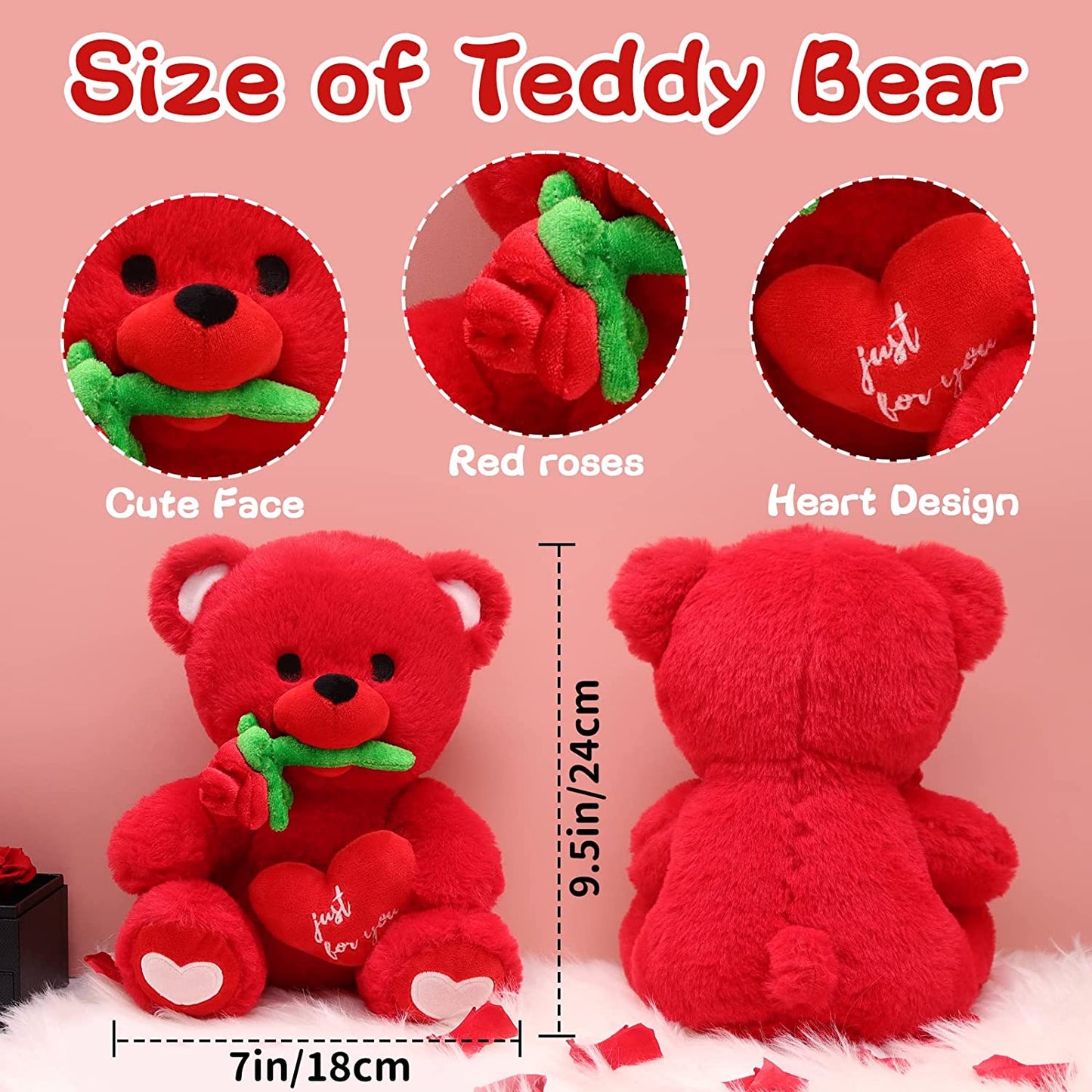 Valentines Day Gifts Teddy Bear Stuffed Animal for Girlfriend Boyfriend, 9.5“ Cute Red Teddy Bear Plush Holding Red Heart with Rose, Cute Valentines Day Stuffed Animals Bear Gifts for Kids Her Him