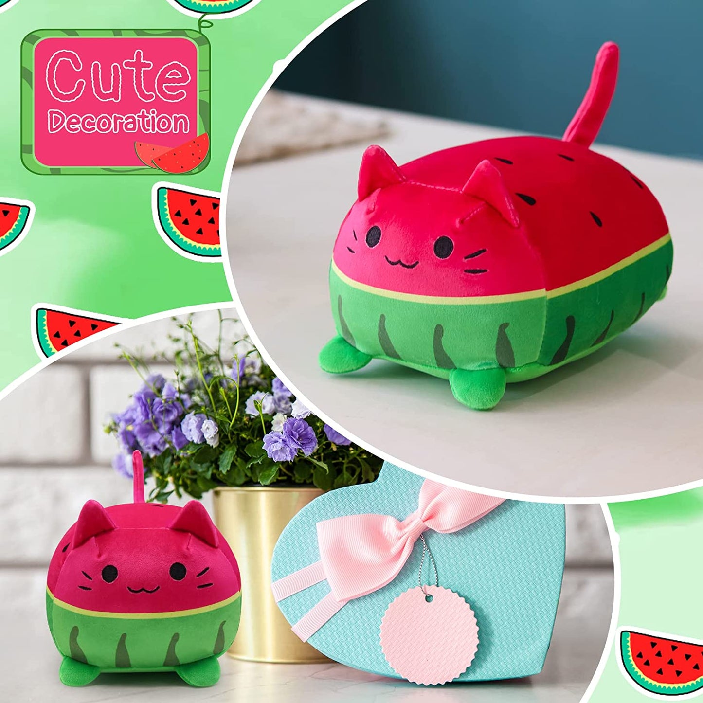 Watermelon Cat Plushie Pillow Toy, 8'' Soft Cat Plush Doll Cat Stuffed Animal Pillow, Cute Watermelon Cat Plush for Kids, Cat Shape Design Sofa Pillow Decoration Doll