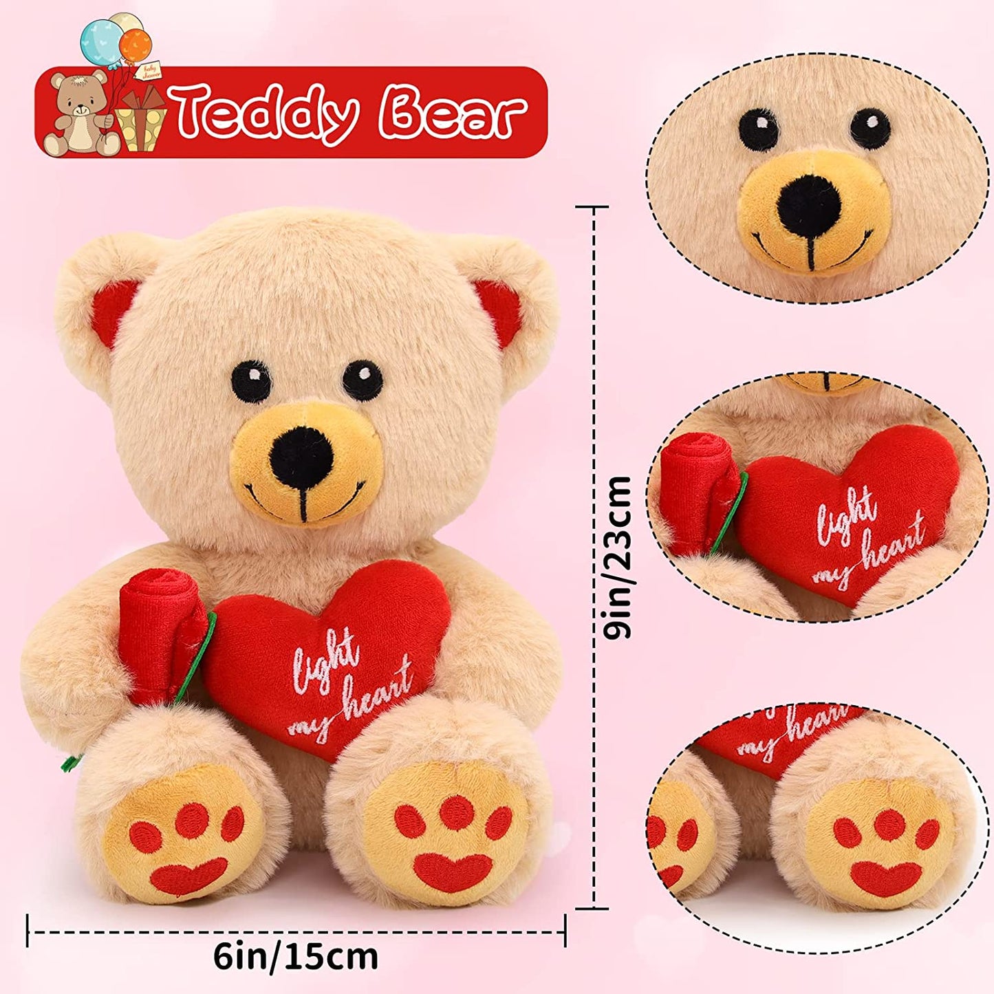 Valentines Day Gifts for Her Teddy Bear Stuffed Animals for Girlfriend, 9“ Red Heart Brown Teddy Bear Plush with Rose Toy, Cute Valentines Day Stuffed Animals Bear Gifts for Kids boyfriend Wife Women