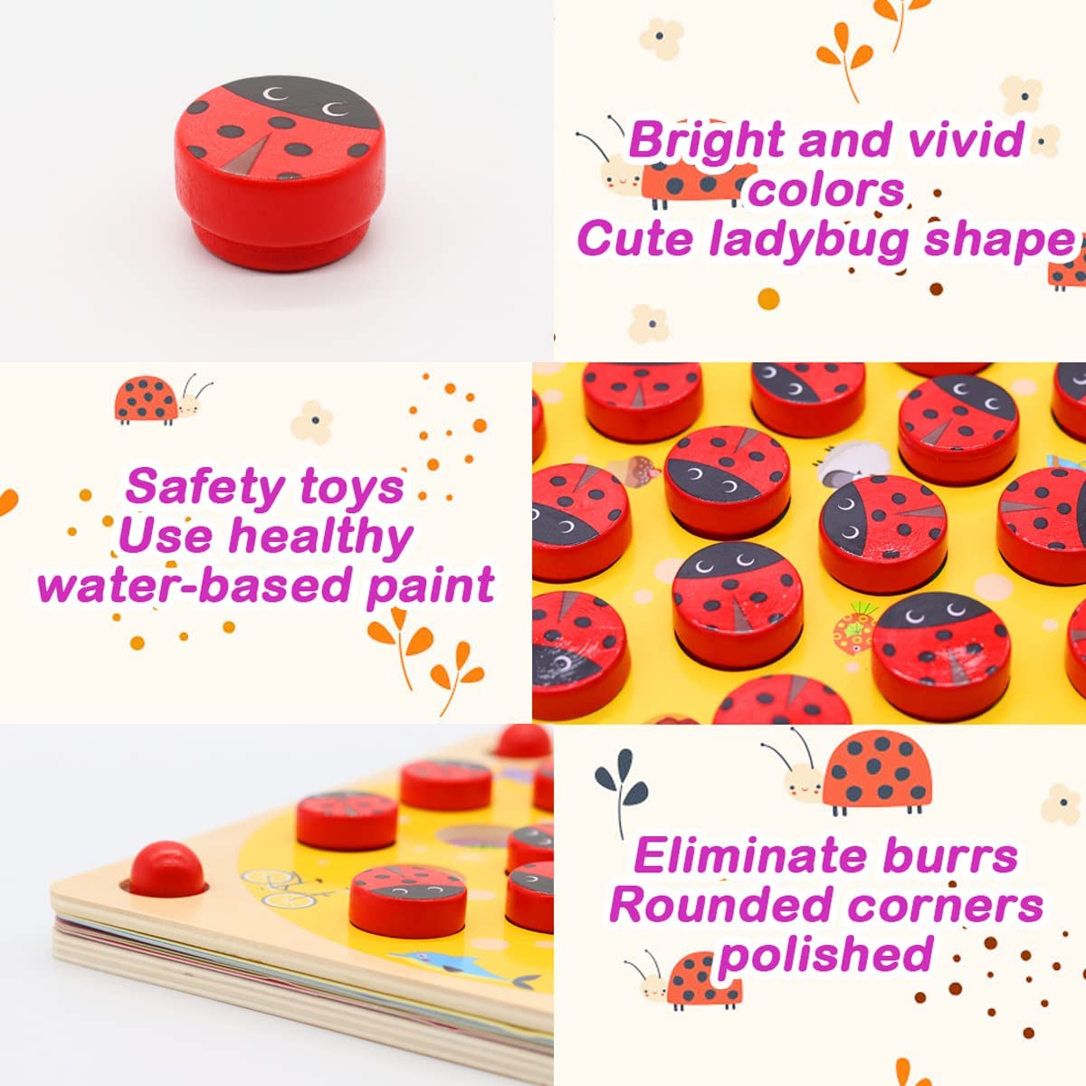 Ladybug's Garden Memory Games, Wooden Memory Matching Game, Educational Logical Thinking Match Board Toys Educational Games for Toddlers, Kids’ Game for Ages 3 and Up