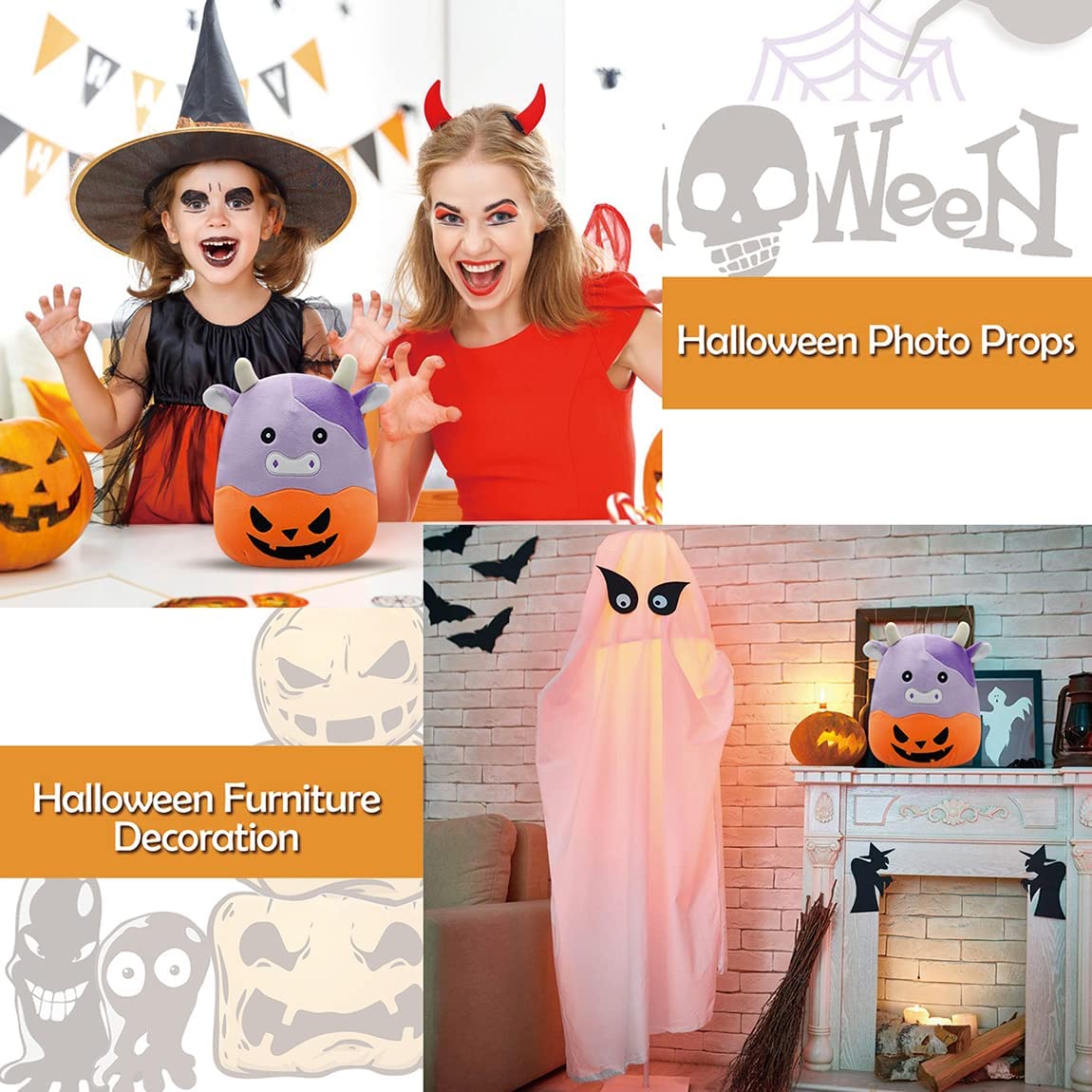 Cute Cow Plushie Pillow, Kawaii Cow Stuffed Animal Plush Toy, Soft Pumpkin Cow Plush Doll Halloween Plush Toy for Kids Birthday (Cow)