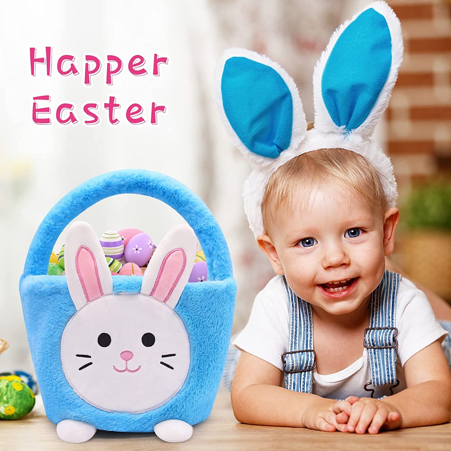Easter Basket Bunny, Easter Baskets for Kids, Easter Egg Hunt Basket for Kids Bunny, Bunny Gifts Bags Carry Bucket Easter Decorations, Blue