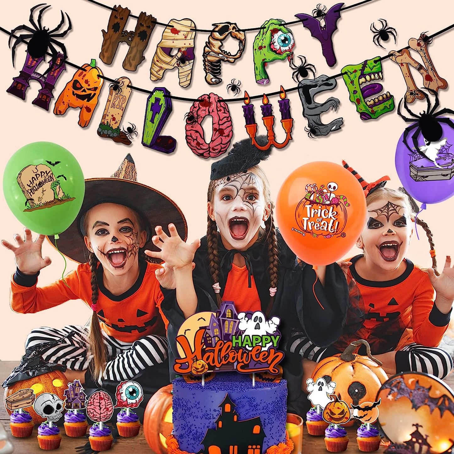 Halloween Party Decorations, Halloween Themed Party Supplies with Happy Halloween Banner Balloons Spider Cake Toppers Swirl Streamers Party Backdrop for Halloween Birthday Indoor Set Halloween Decor