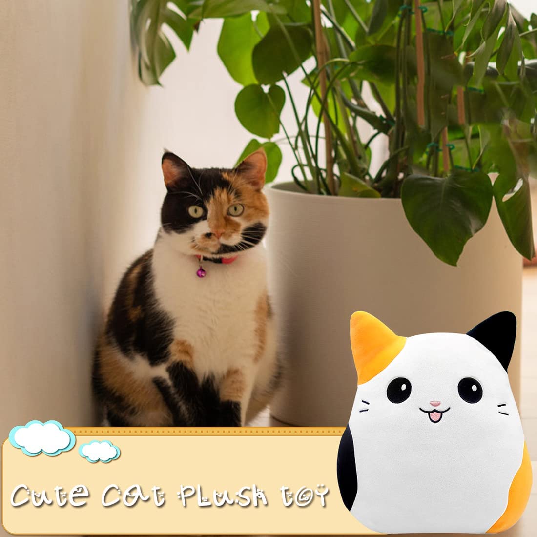 Cat Plushie Pillow Stuffed Animals Plush Toy for Kids,10Inch Kawaii Plushie Soft Hugging Pillow Calico Cat Plush Toys for Girls Boys, Cute Stuffed Cat Doll for Birthday Gift