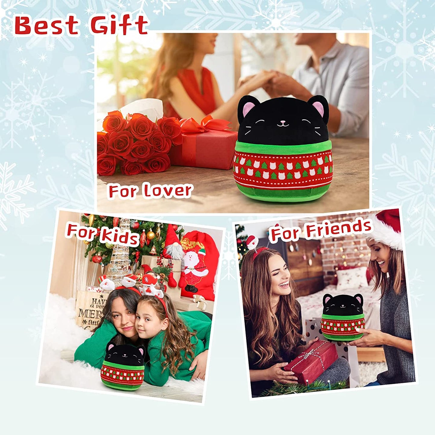 Black Cat Plush Pillow Cat Stuffed Animals, Soft Cute Christmas Plush Cat Pillow Cat Plushie Cat Doll, Kawaii Stuffed Animal Cat Plush Stuffed Cat Toys for Kids Birthday Christmas Decorations Gifts