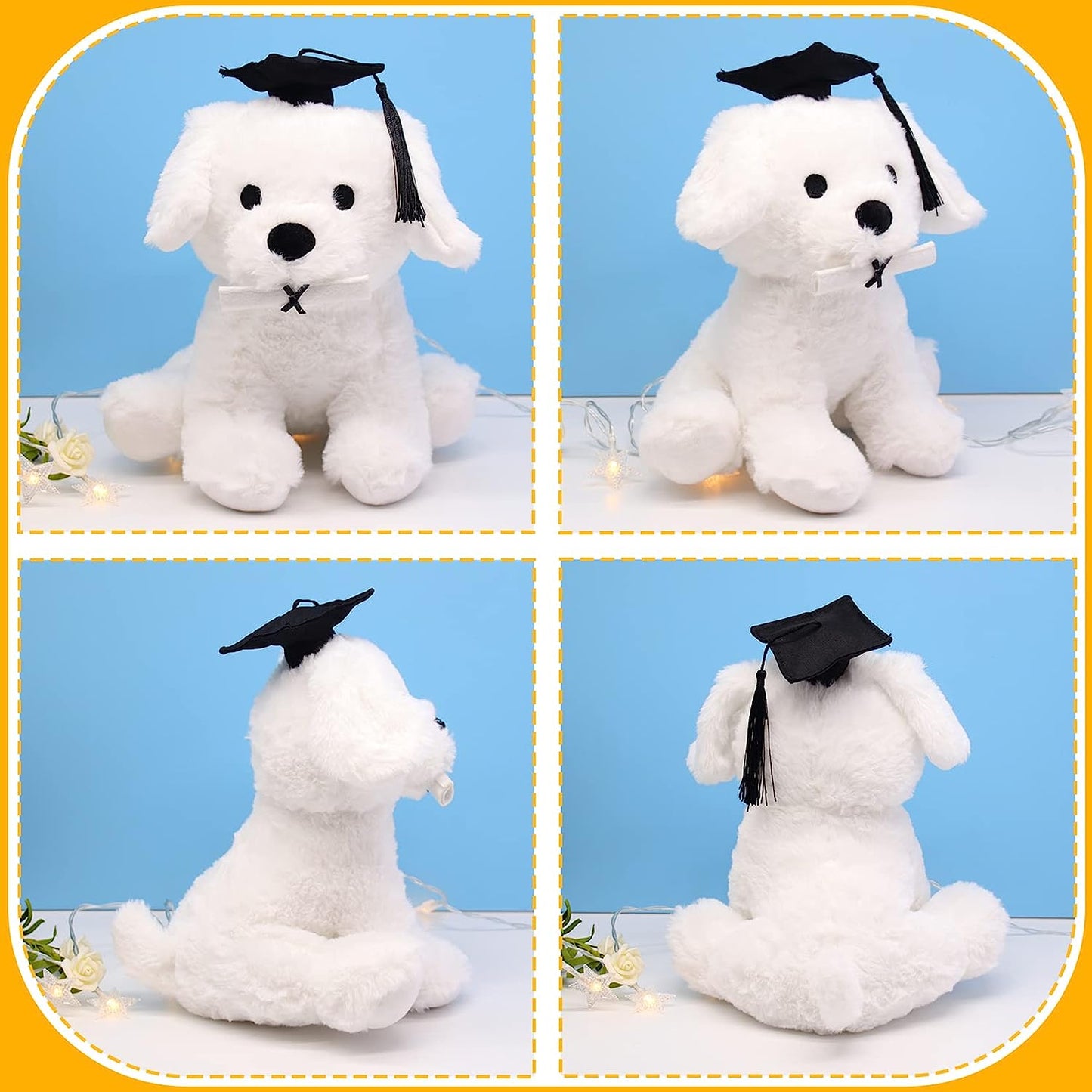 White Dog Stuffed Animals for Kids Girls Boys, Soft Cute Stuffed Dog Plush Dog with Graduation Hat, Kawaii Stuffed Animal Dog Plush Doll for 2023 Graduation Day Gift