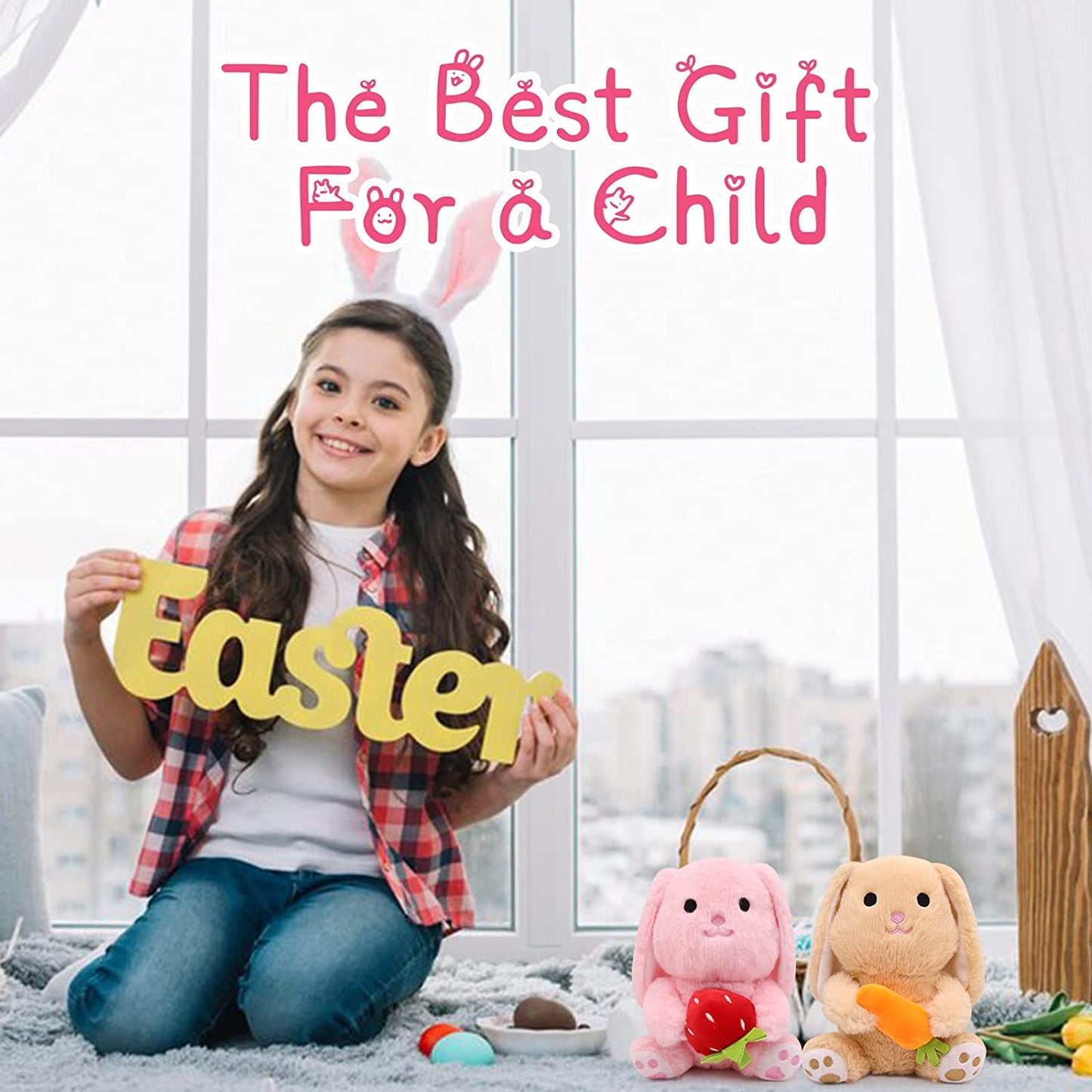 Easter bunny plush rabbie, rabbit plush toys for gift Easter, rabbit plush doll, brown rabbit plush toy with carrots, Valentine's Day Easter decoration gifts for children