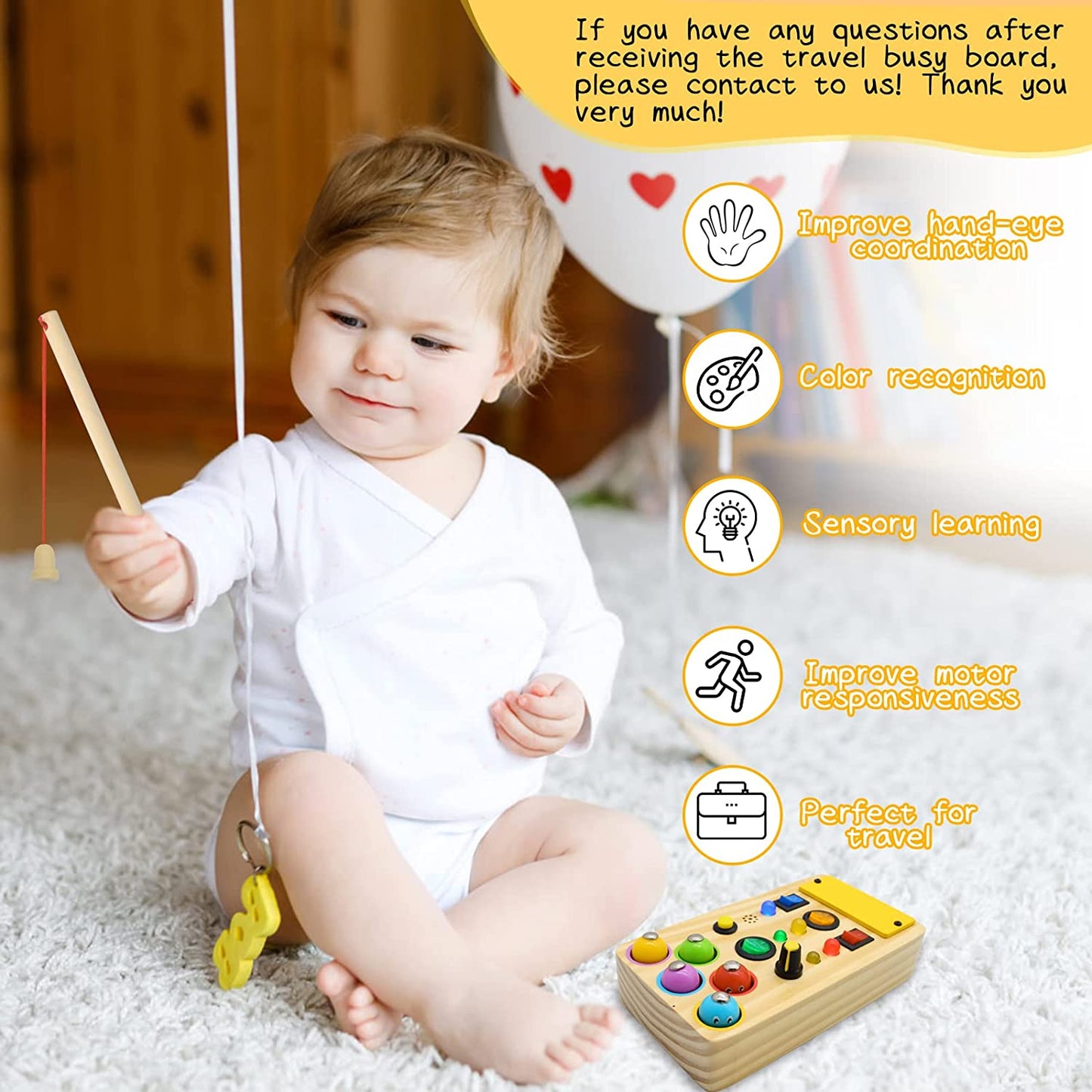 Busy Board with LED Light,Montessori Busy Board Toddler Toys,Wooden Busy Board with Light Up LED Buttons Fishing Game,Sensory Toys for Toddlers 3 Year Old,Travel Busy Board Baby Gifts