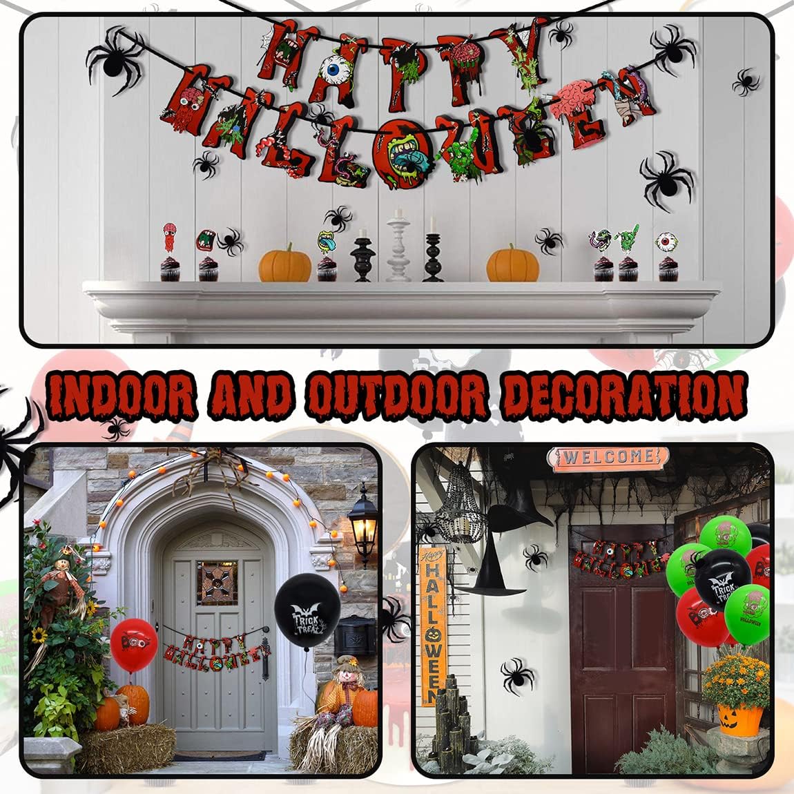 Halloween Party Decorations, Halloween Themed Party Supplies with Happy Halloween Banner Halloween Balloons Spider Cake Topper Swirl Streamers for Halloween Birthday Decorations Indoor outdoor Set