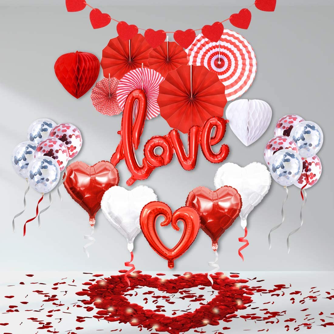 valentines day decor Balloons Kit Red Love Foil Balloons Latex Balloons Red Honeycomb Ballsballoons w/ 1000pcs Artificial Rose petals,1 Pieces LED String Lights Valentines-Day Party Supplies