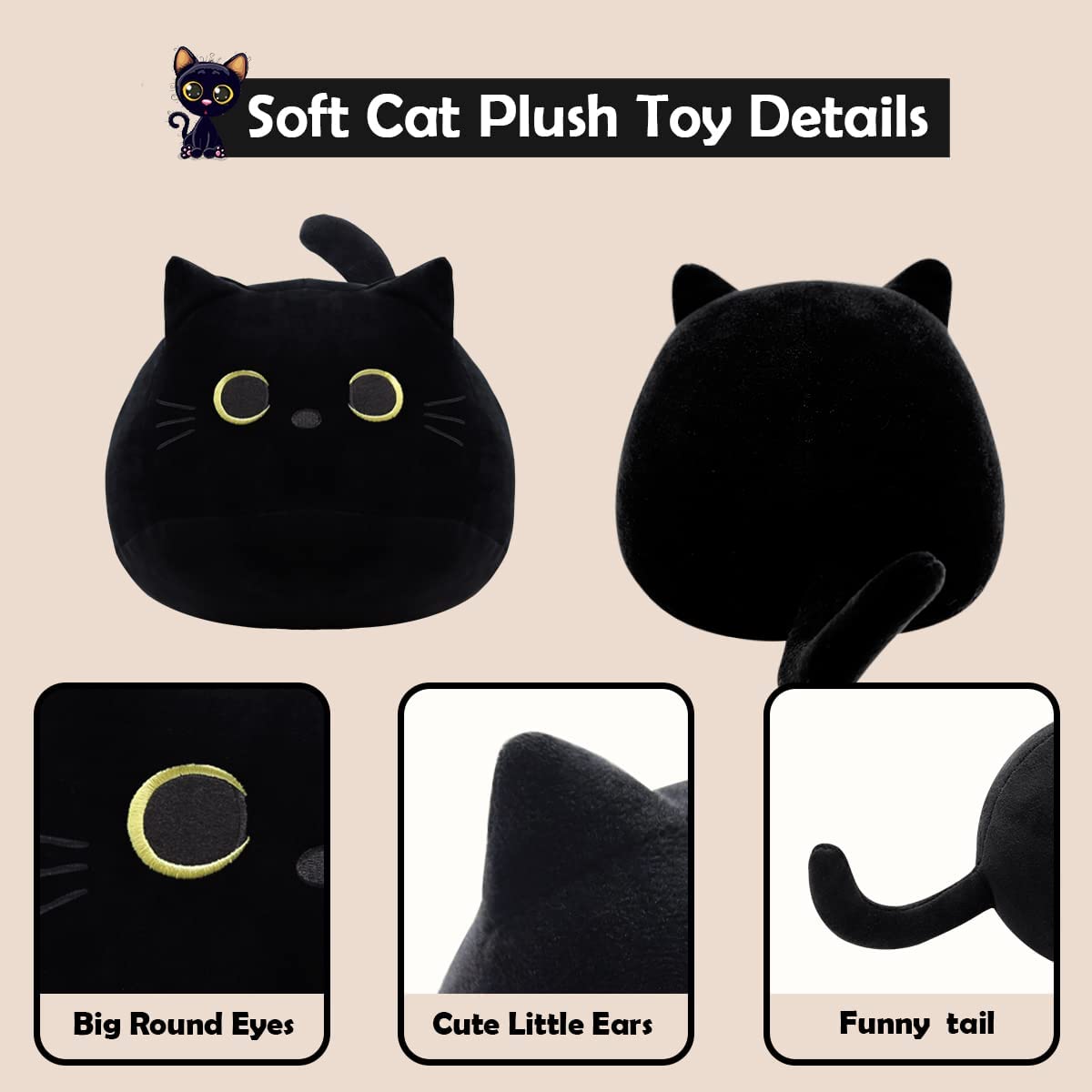 3D Cat Stuffed Animal Toy Pillow, 8Inch Fat Black Cat Plush, Soft Kawaii Cat Shape Design Lumbar Back Cushion Plush Stuffed Toy Gifts for Boys Girls Kids