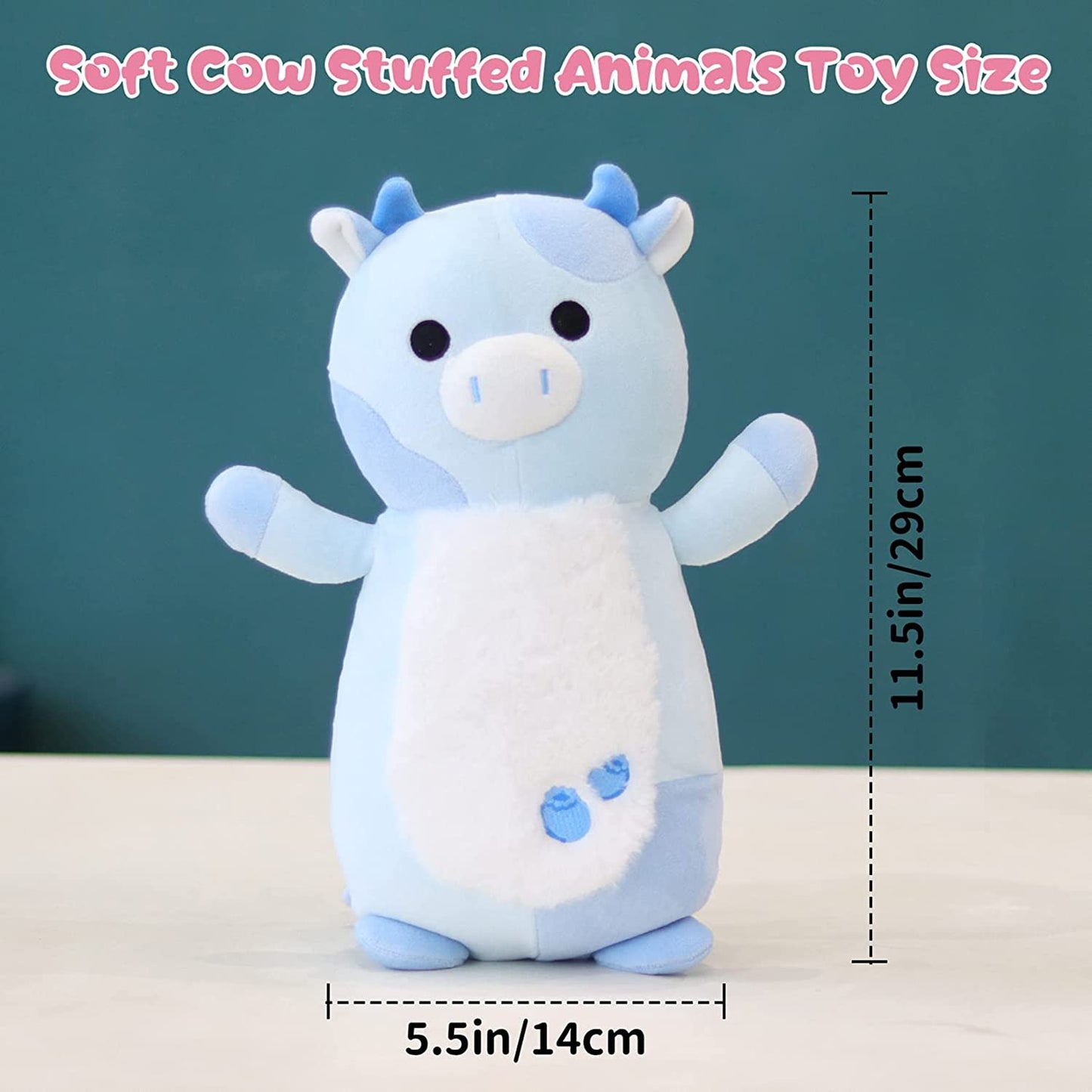 Cow Plush Pillow Blueberry Cow Stuffed Animal Toys, Cute Blueberry Cow Plushie Kawaii Home Decorations, Soft Stuffed Cow Doll Lovely Gifts for Kids (Hug Blue Cow)