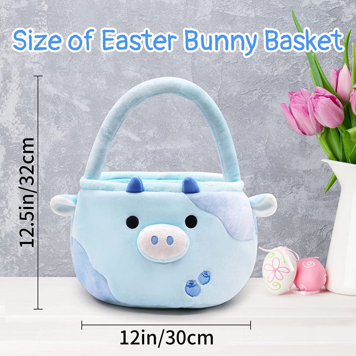 Easter Basket for Kids Cute Blueberry Cow Easter Basket with Handle, Large Easter Bags for Easter Egg Hunting Easter Theme Party Favor Kawaii Easter Gifts for Girls Boys