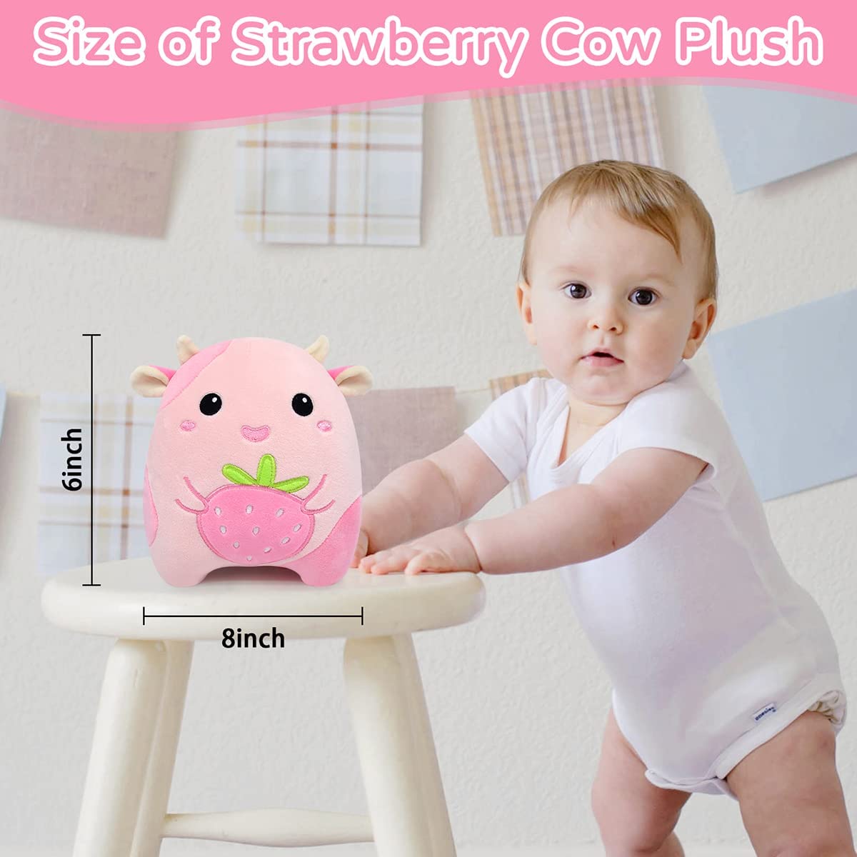 Strawberry Cow Plush Pillow Toy, 8” Kawaii Strawberry Cow Stuffed Animals Plush Pillow Toys, Cute Pink Cow Plushie Soft Stuffed Cow Toys for Christmas Halloween Birthday Kids Gifts Home Car Decoration