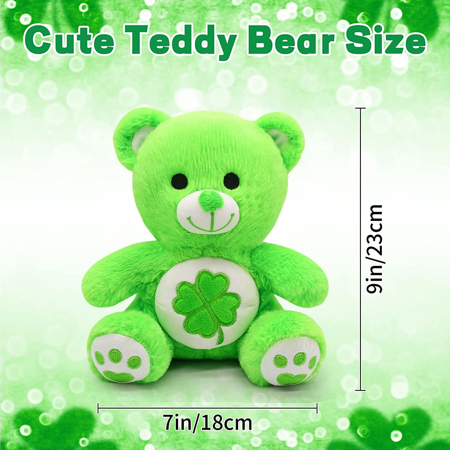 St.Patricks Day Decorations Teddy Bear Stuffed Animal for Kids, Cute Green Teddy Bear Plush with Four Leaf Clover, Kawaii Stuffed Bear Gifts for Kids Her Him Valentines Day Gifts Easter