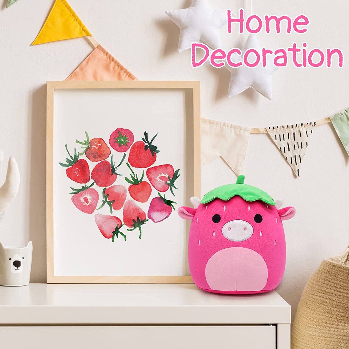 Strawberry Cow Plush Stuffed Animal Cow Plush Pillow Toys, Kawaii Cow Plushie Stuffed Cow Plush Toy, 3D Cute Soft Cow pillow for Christmas Birthday Kids Gifts Home Car Decoration (Strawberry Cow)