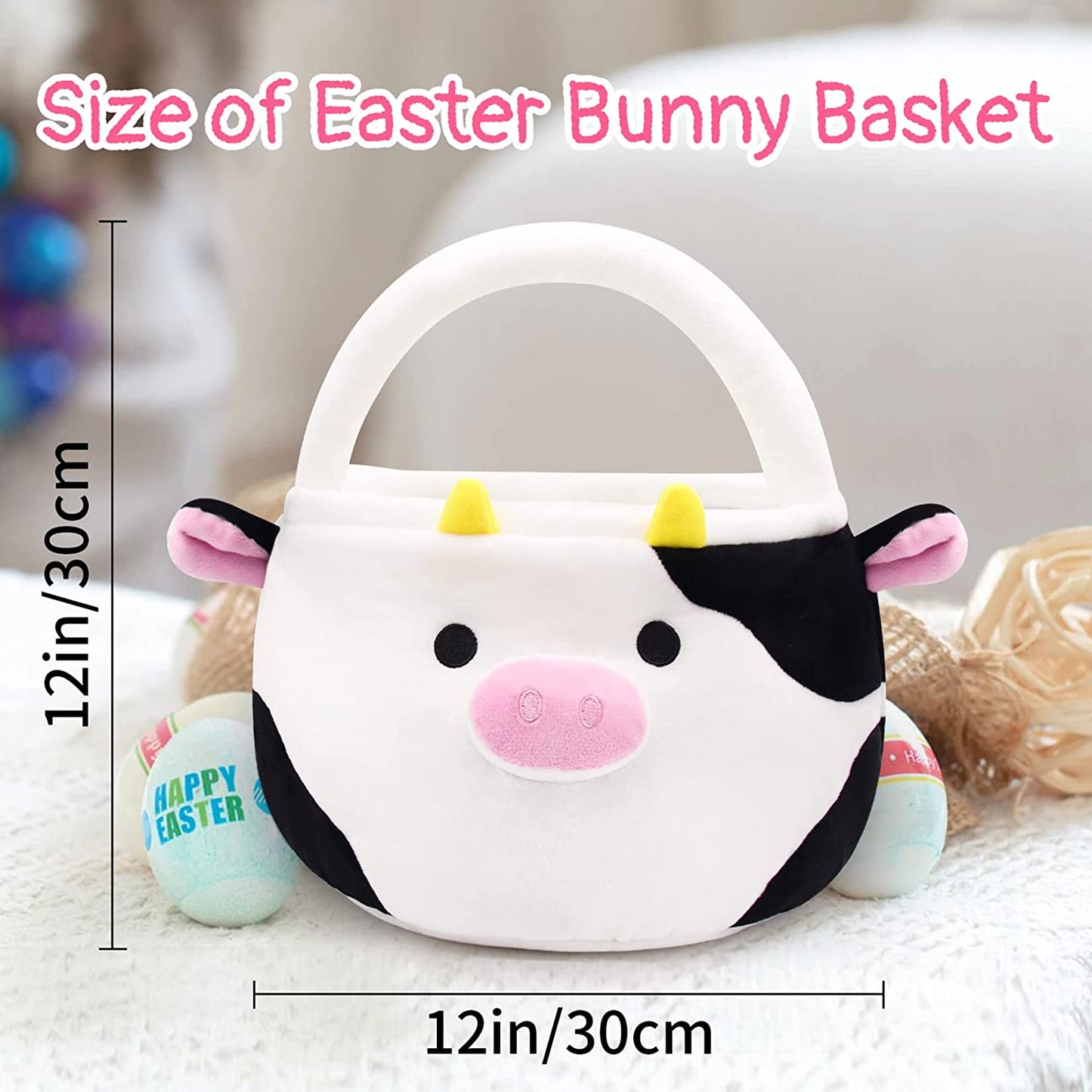 Easter Basket for Kids Cute Black Cow Easter Basket with Handle, Large Easter Bags for Easter Egg Hunting Easter Theme Party Favor Kawaii Easter Gifts for Girls Boys