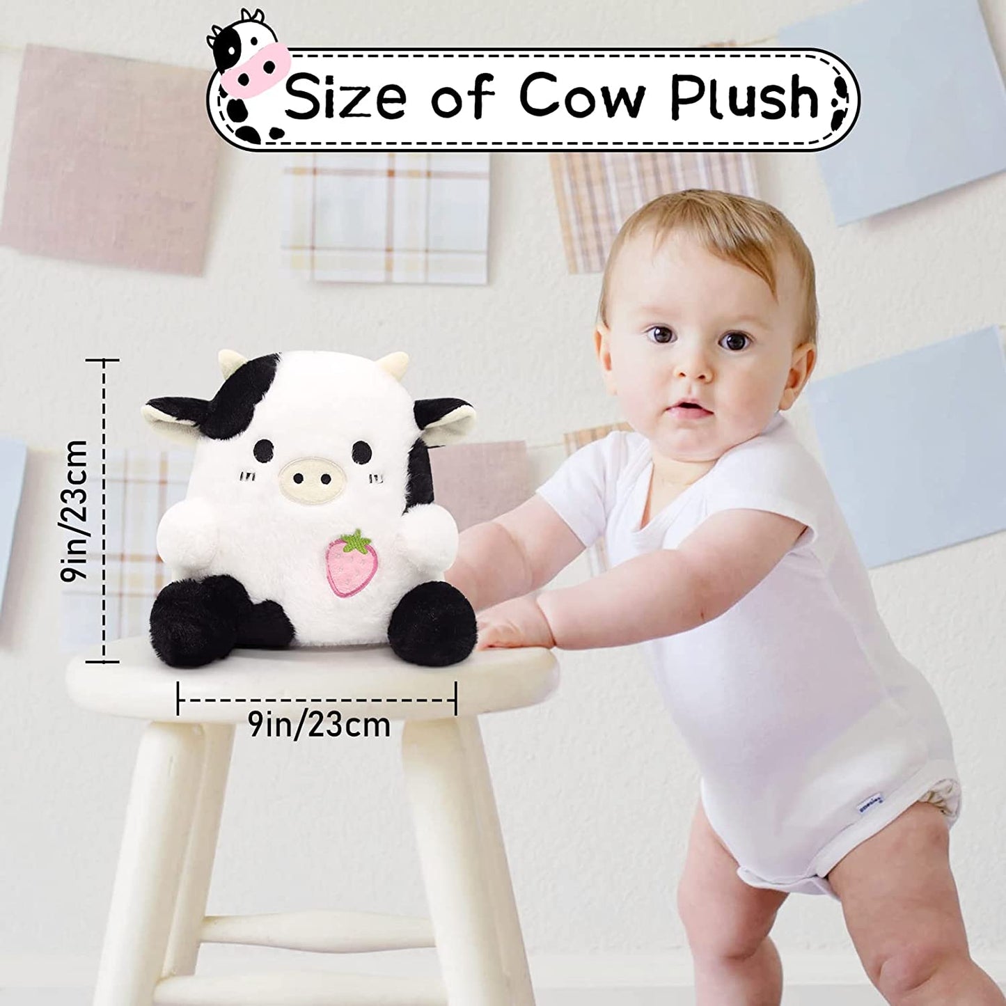 Strawberry Cow Plushie Pillow Cow Stuffed Animal Toys, Cute Cow Plush Kawaii Home Decorations, Soft Stuffed Strawberry Cow Doll Lovely Gifts for Kids (Black Cow)