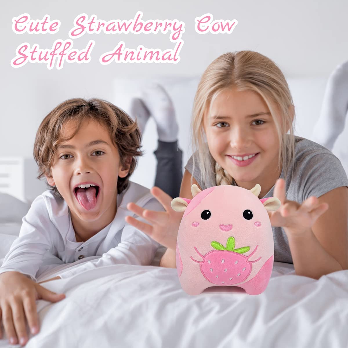 Strawberry Cow Plush Pillow Toy, 8” Kawaii Strawberry Cow Stuffed Animals Plush Pillow Toys, Cute Pink Cow Plushie Soft Stuffed Cow Toys for Christmas Halloween Birthday Kids Gifts Home Car Decoration