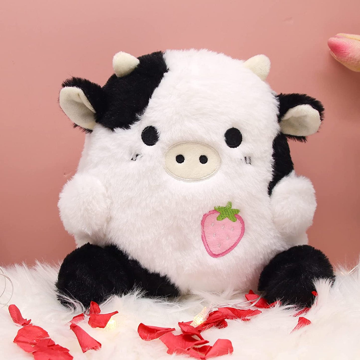 Strawberry Cow Plushie Pillow Cow Stuffed Animal Toys, Cute Cow Plush Kawaii Home Decorations, Soft Stuffed Strawberry Cow Doll Lovely Gifts for Kids (Black Cow)
