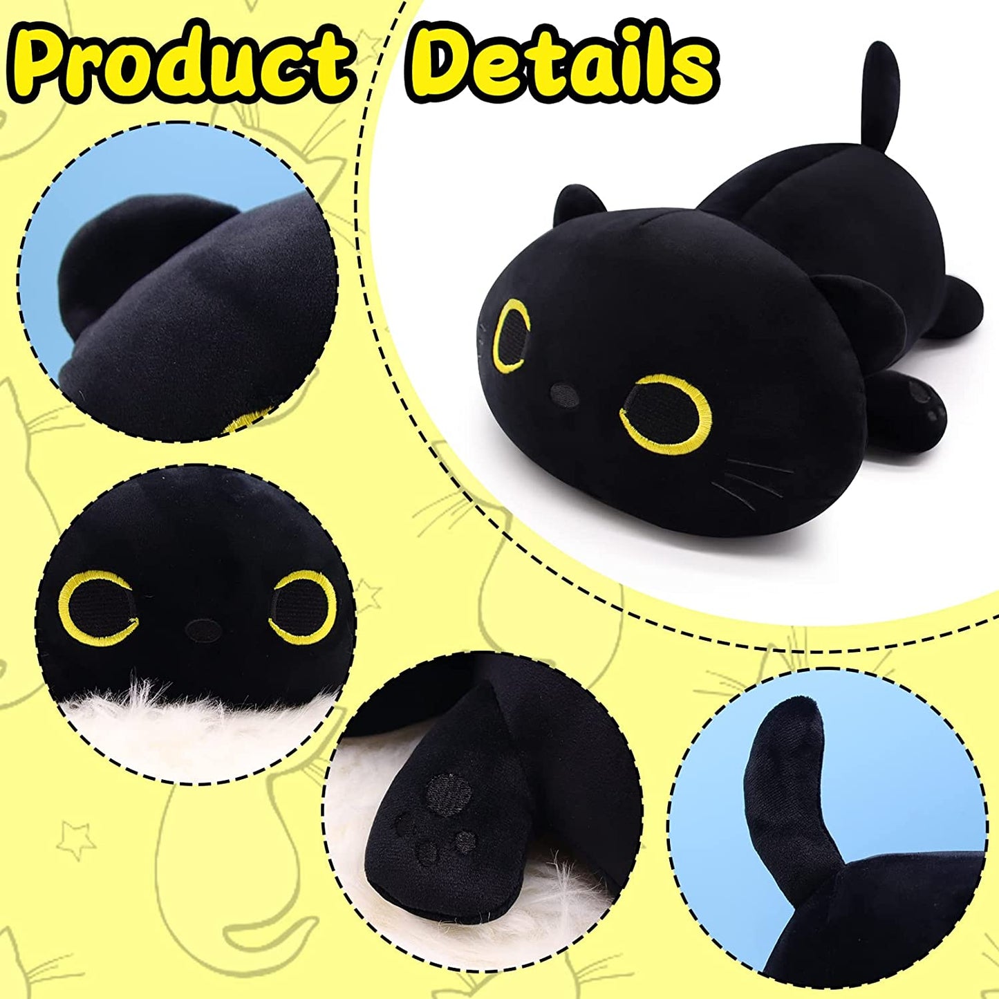 Cute Cat Plush Pillow Toys, 13inch Kawaii Cat Stuffed Animals Black Cat Plushie, Soft Stuffed Cat Doll Pillow Christmas Plush Gift for Kids