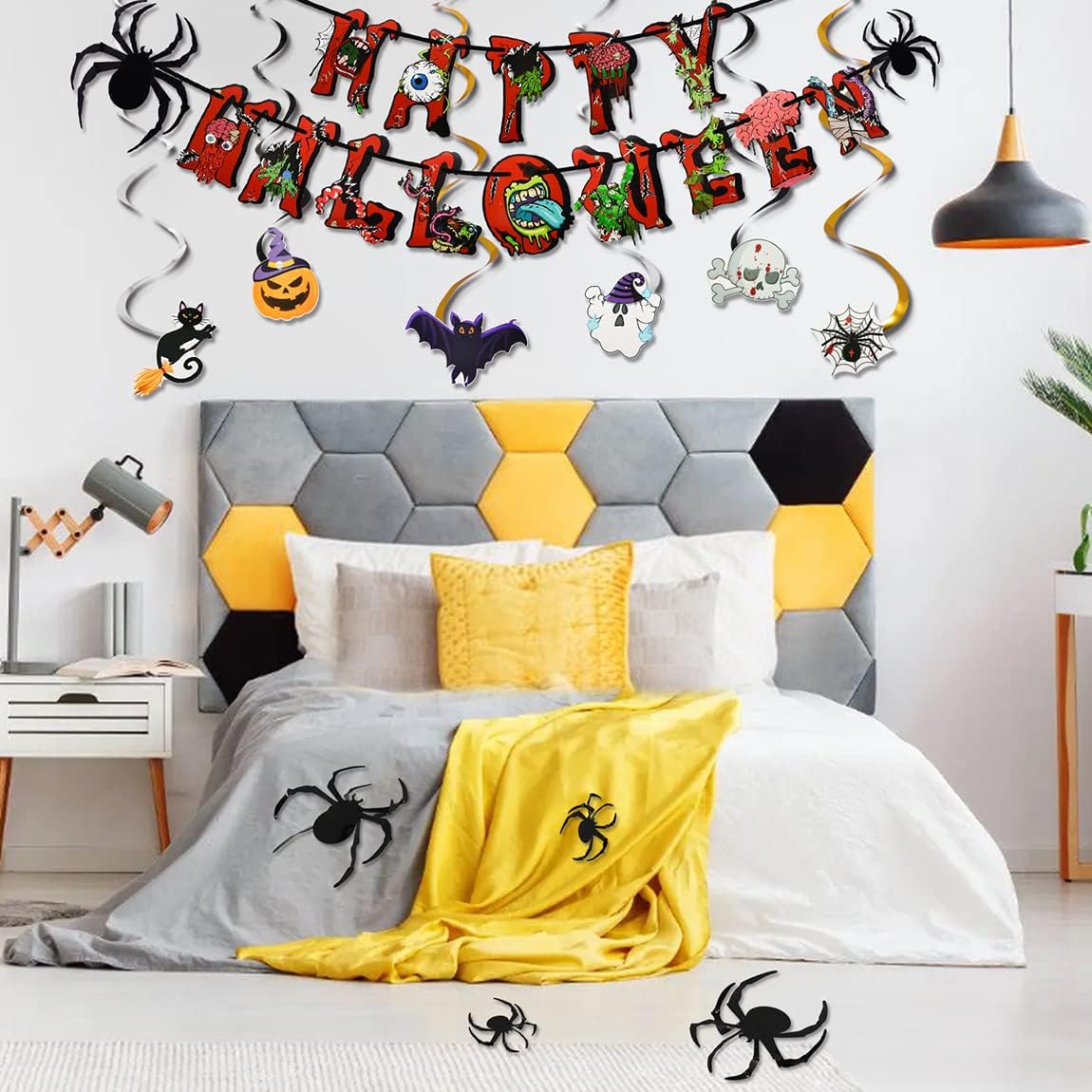 Halloween Party Decorations, Halloween Themed Party Supplies with Happy Halloween Banner Halloween Balloons Spider Cake Topper Swirl Streamers for Halloween Birthday Decorations Indoor outdoor Set