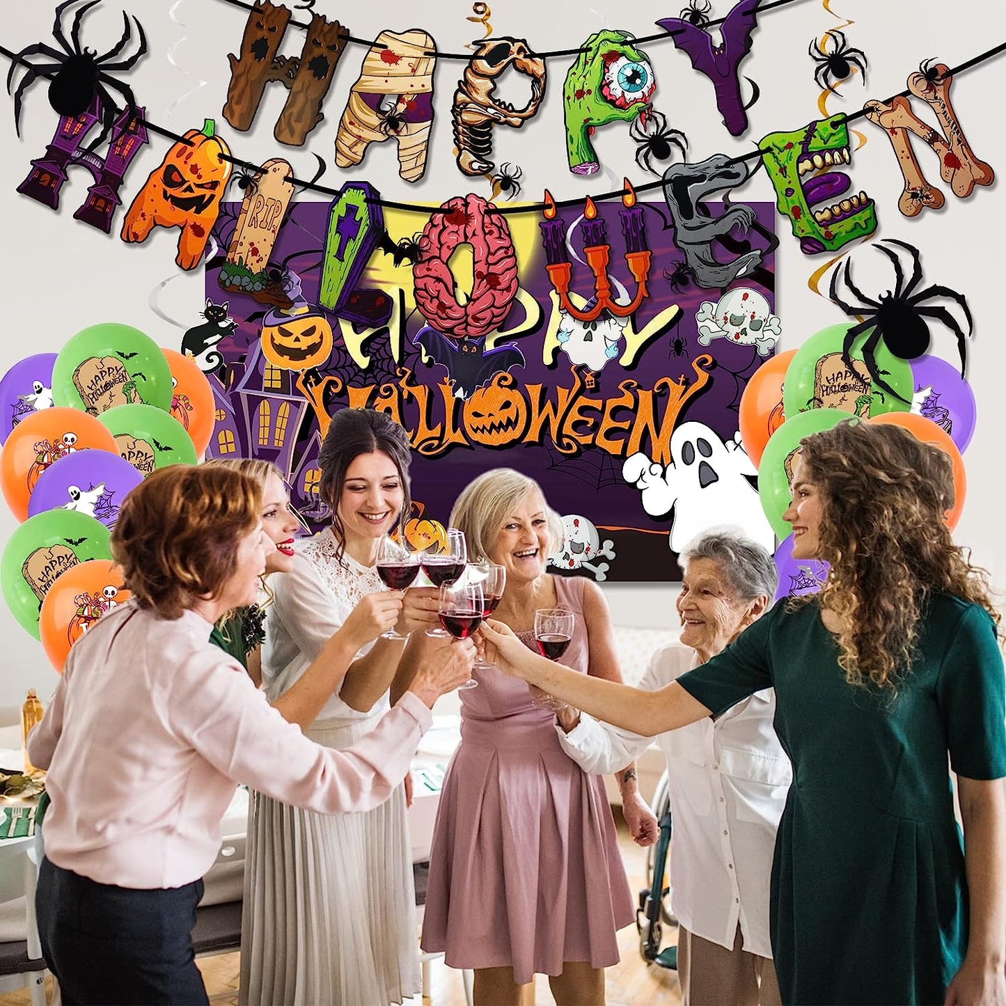 Halloween Party Decorations, Halloween Themed Party Supplies with Happy Halloween Banner Balloons Spider Cake Toppers Swirl Streamers Party Backdrop for Halloween Birthday Indoor Set Halloween Decor
