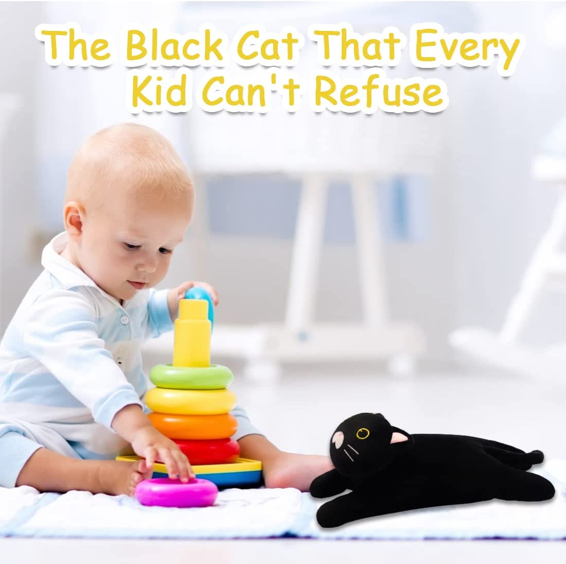 14Inch Black Cat Plush, Cat Plushie Stuffed Animals Pillow, Cute Cat Stuffed Animal Long Cat Pillow, Soft Cat Plushie Sleeping Pillow Doll Toy Gift for Kids Girl Boy