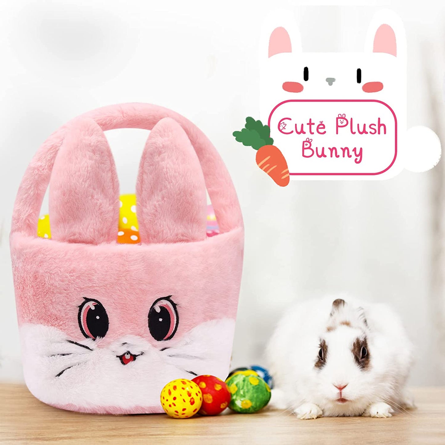 Easter Basket for Kids, Cute Plush Easter Bunny Basket, Large Easter Baskets for Kids Boys Girls, Easter Egg Hunt Basket Bags with Rabbit Plush Ears for Easter Decorations Gifts Candy Toy Storage