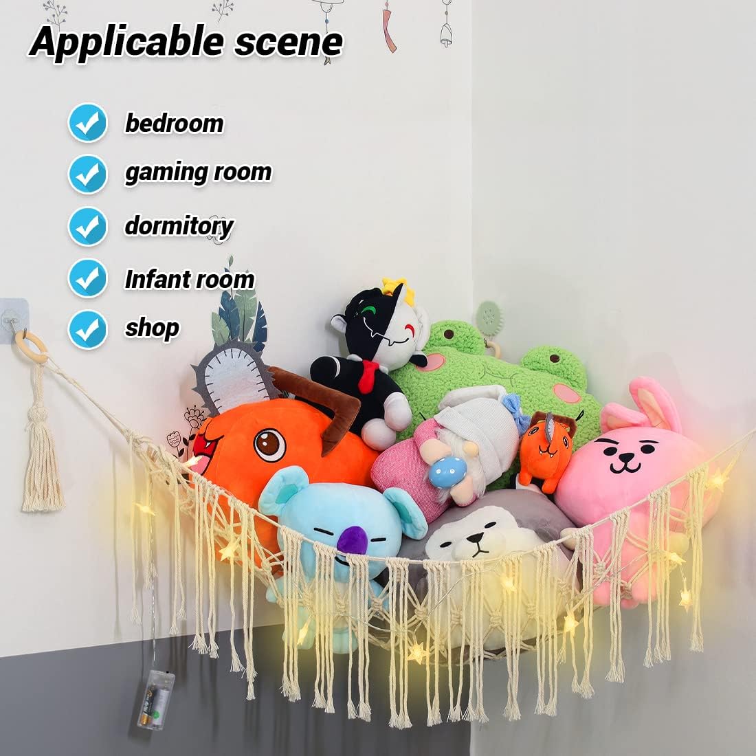Stuffed Animal Hammock,Stuffed Animal Net For Storing Plush Toys,Corner toy hammock ,1 Piece Of Stuffed Animal Net + 2 Pieces Of Luminous Star Chandelier+6 Piece Hook Up