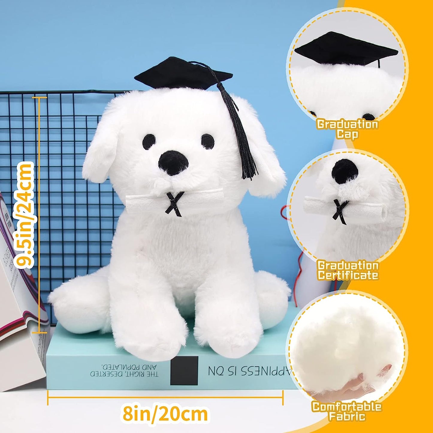 White Dog Stuffed Animals for Kids Girls Boys, Soft Cute Stuffed Dog Plush Dog with Graduation Hat, Kawaii Stuffed Animal Dog Plush Doll for 2023 Graduation Day Gift