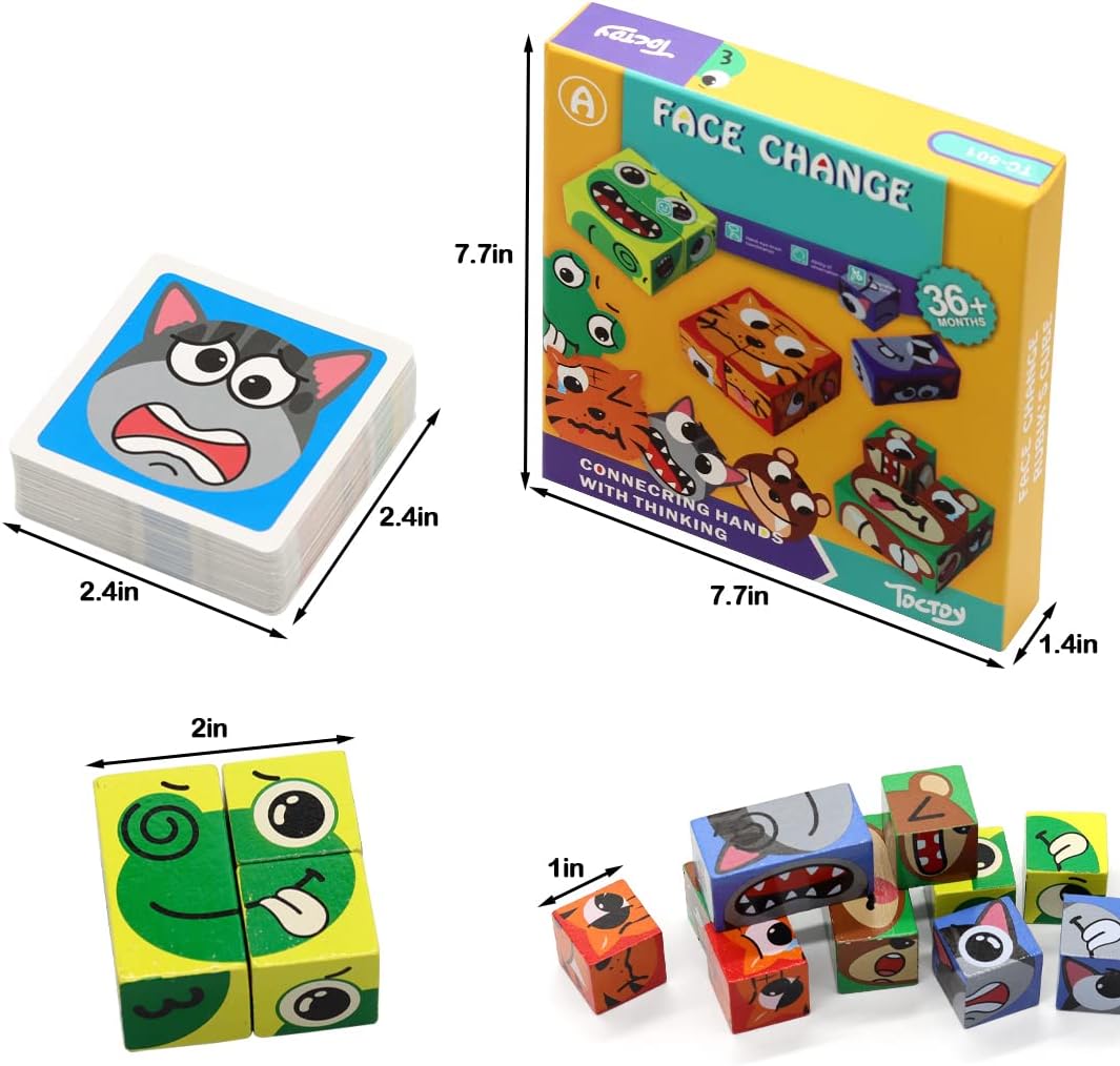 Wooden Cubes Expression Puzzle Expressions Matching Game Cube Match Game Puzzles Games for Kids Ages 3 4 5, Match Puzzle Games The Cuzzle Game from New Wave (Animal)