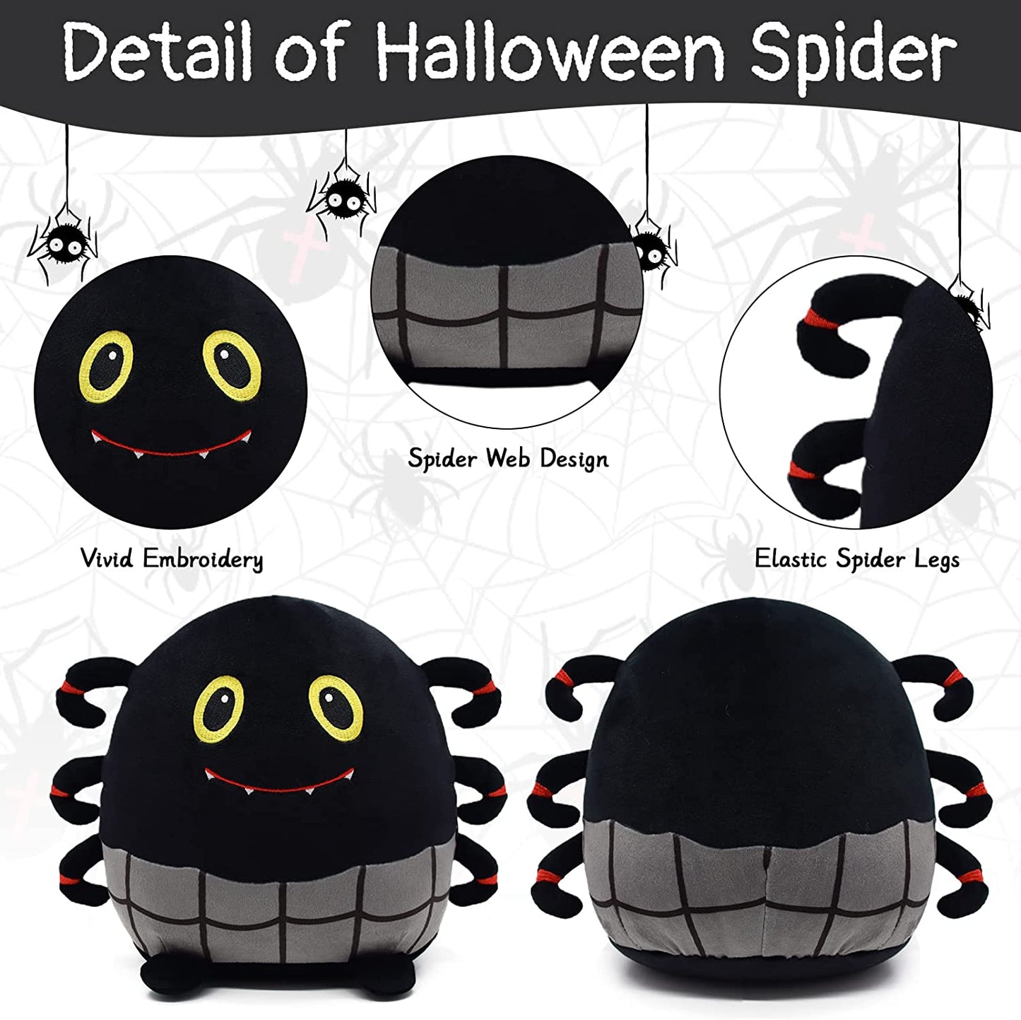 Halloween Spider Stuffed Animals Black Spider Plush Pillow Toys, 9” Kawaii Halloween Plushie Stuffed Spider Plush Toys, Cute Soft Stuffed Animal Spider for Halloween Christmas Birthday Kids Gifts