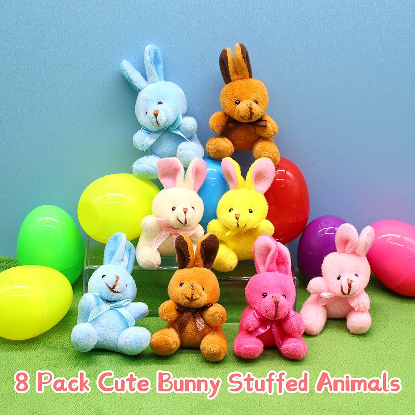 Easter Eggs Filled with Mini Animal Plush Toy Set, 8 Pack Cute Bunny Stuffed Animal Keychain, Easter Basket Stuffed Animals for Easter Egg Hunt Party Supplies