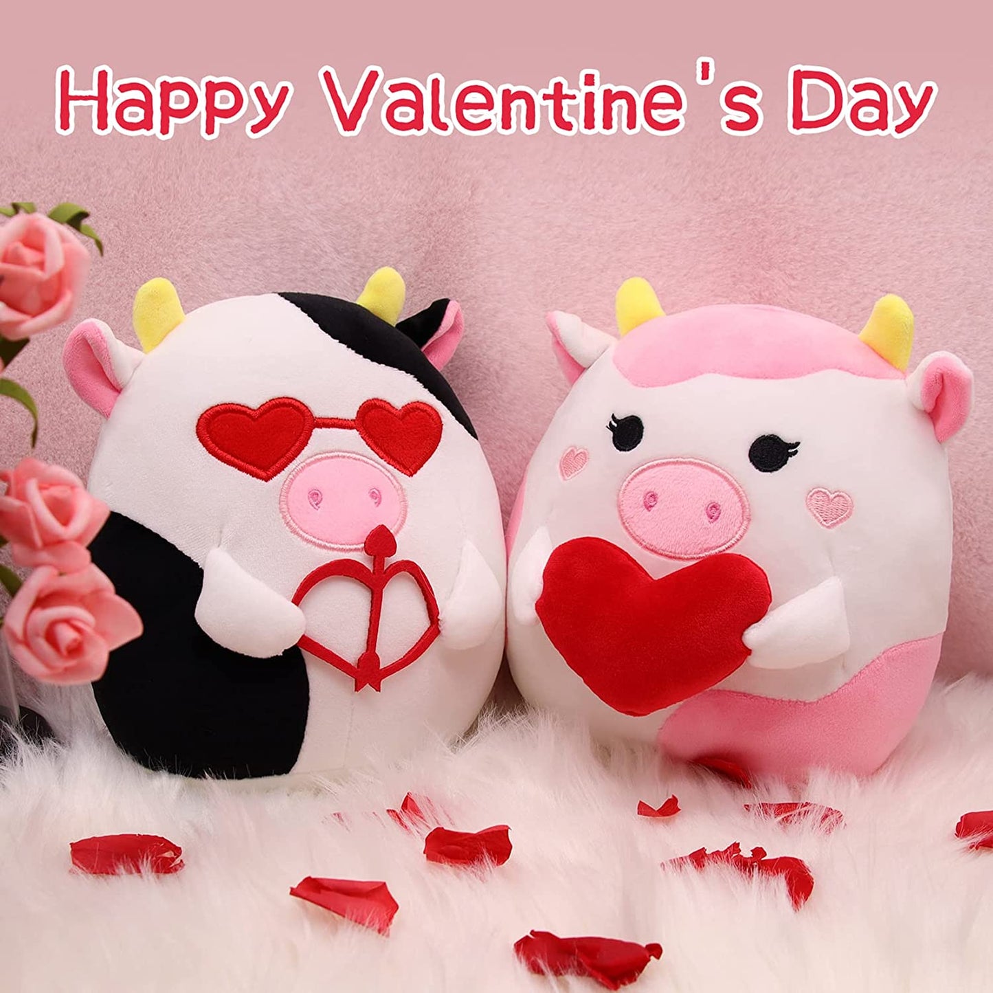 Cow Plush Toy, Valentine's Day Plush, 2 Pieces Cow Plush Toy, Valentines Classroom Price Gifts Exchange for Boys Girls Valentine's Day Decoration Gift for Boys Girls Adults