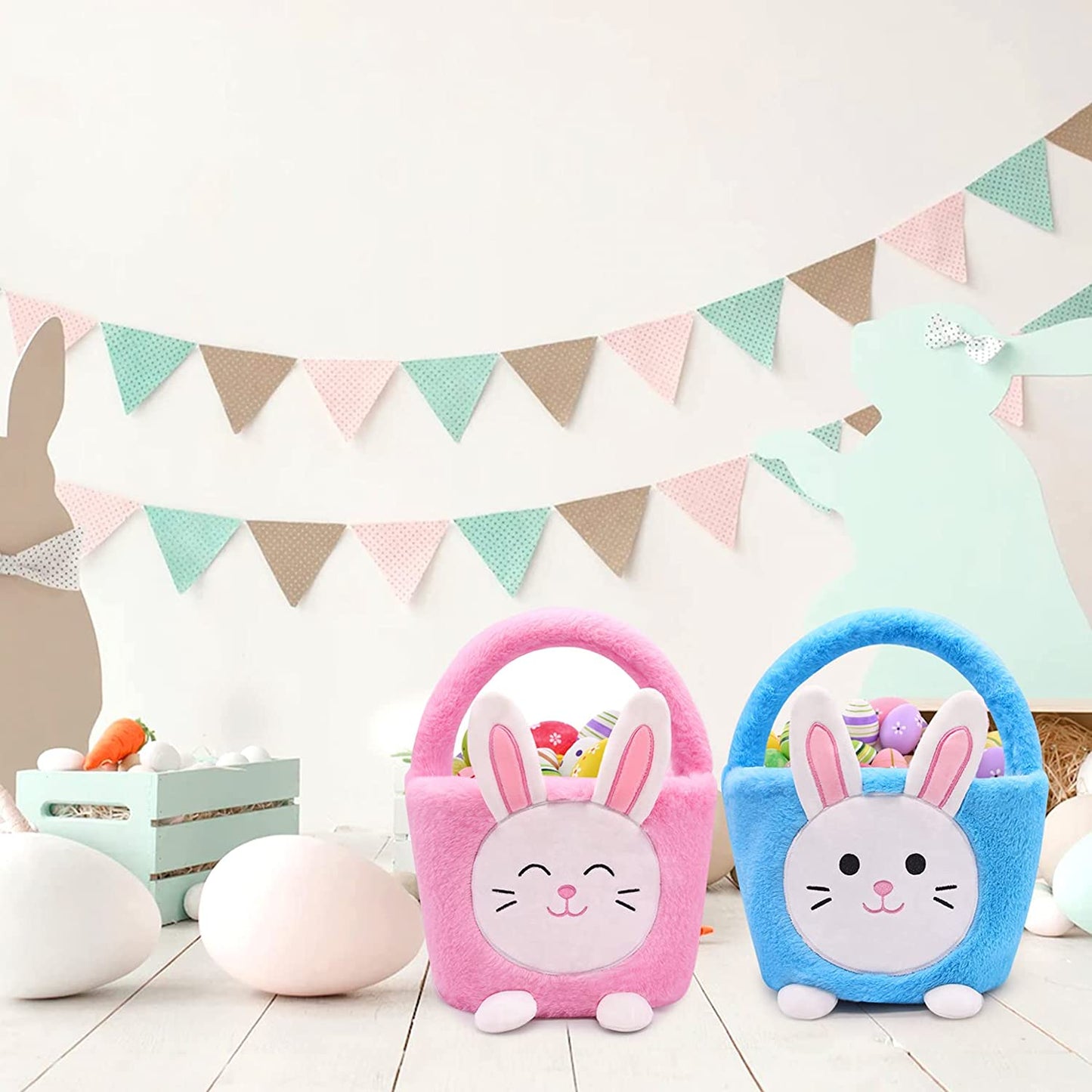 Easter Basket Bunny, Easter Baskets for Kids, Easter Egg Hunt Basket for Kids Bunny, Bunny Gifts Bags Carry Bucket Easter Decorations, Blue